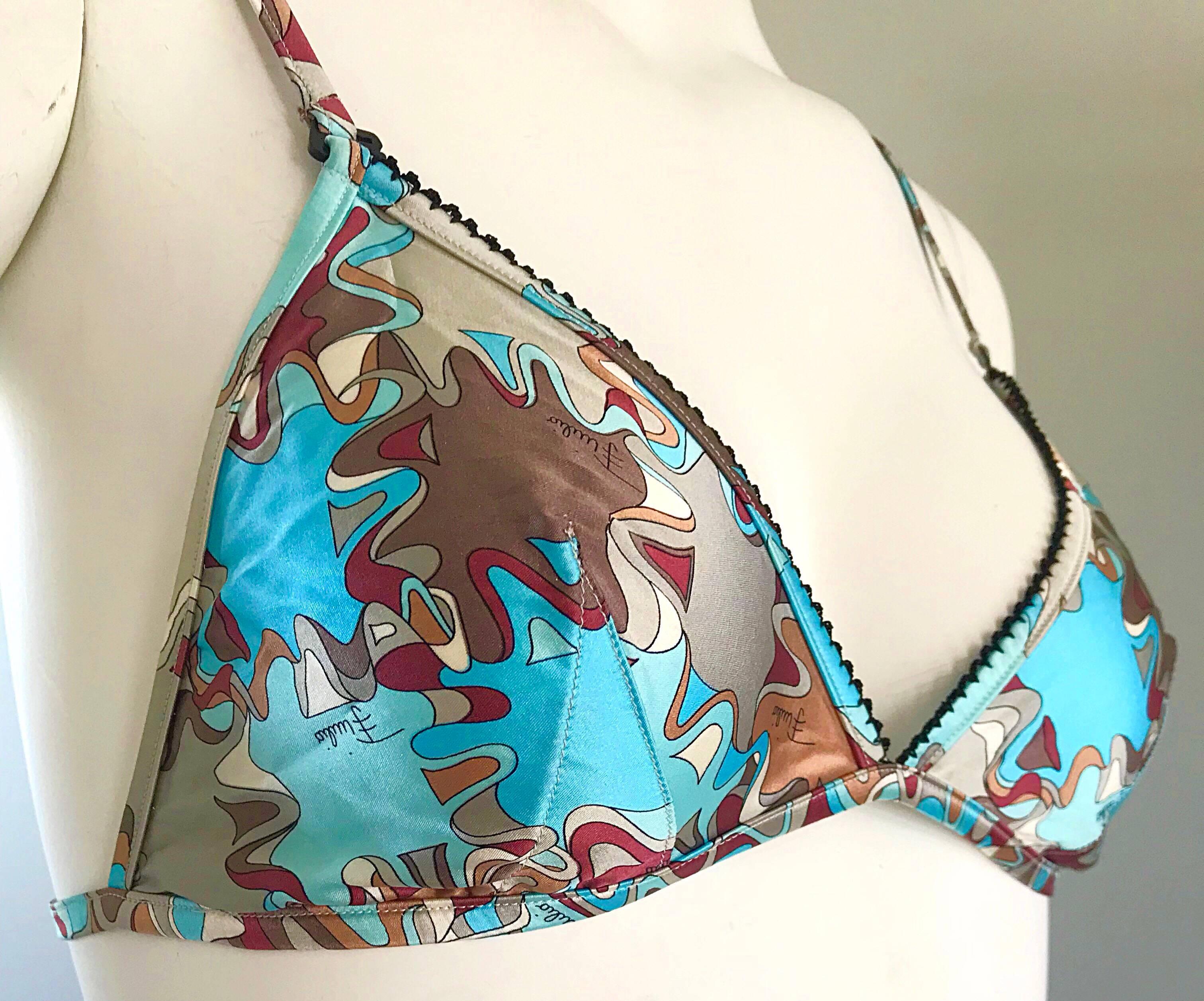 Gray 1990s Emilio Pucci New Light Blue + Brown + Maroon Signature Mosaic Silk Bra Top For Sale