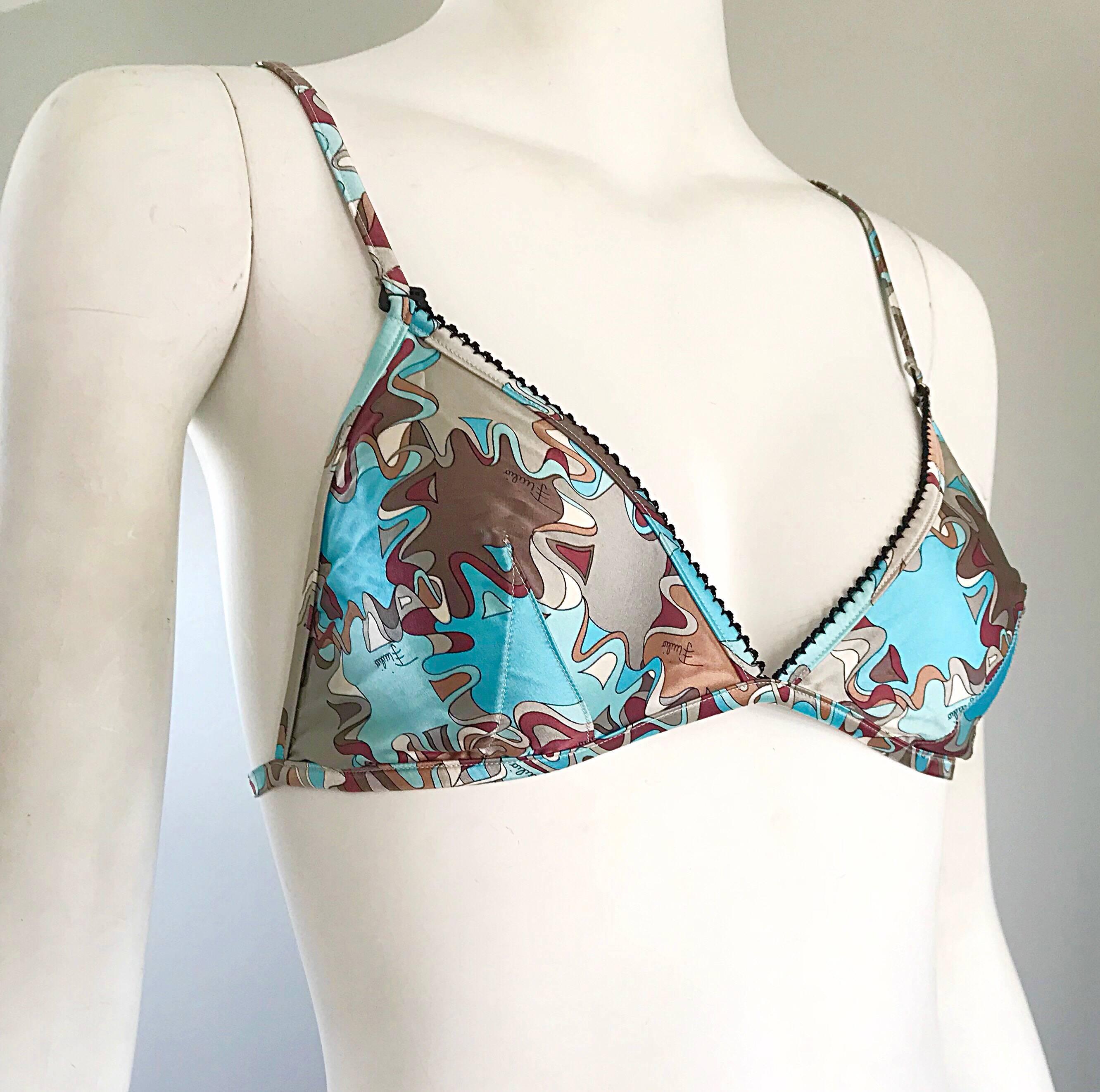 1990s Emilio Pucci New Light Blue + Brown + Maroon Signature Mosaic Silk Bra Top In Excellent Condition For Sale In San Diego, CA
