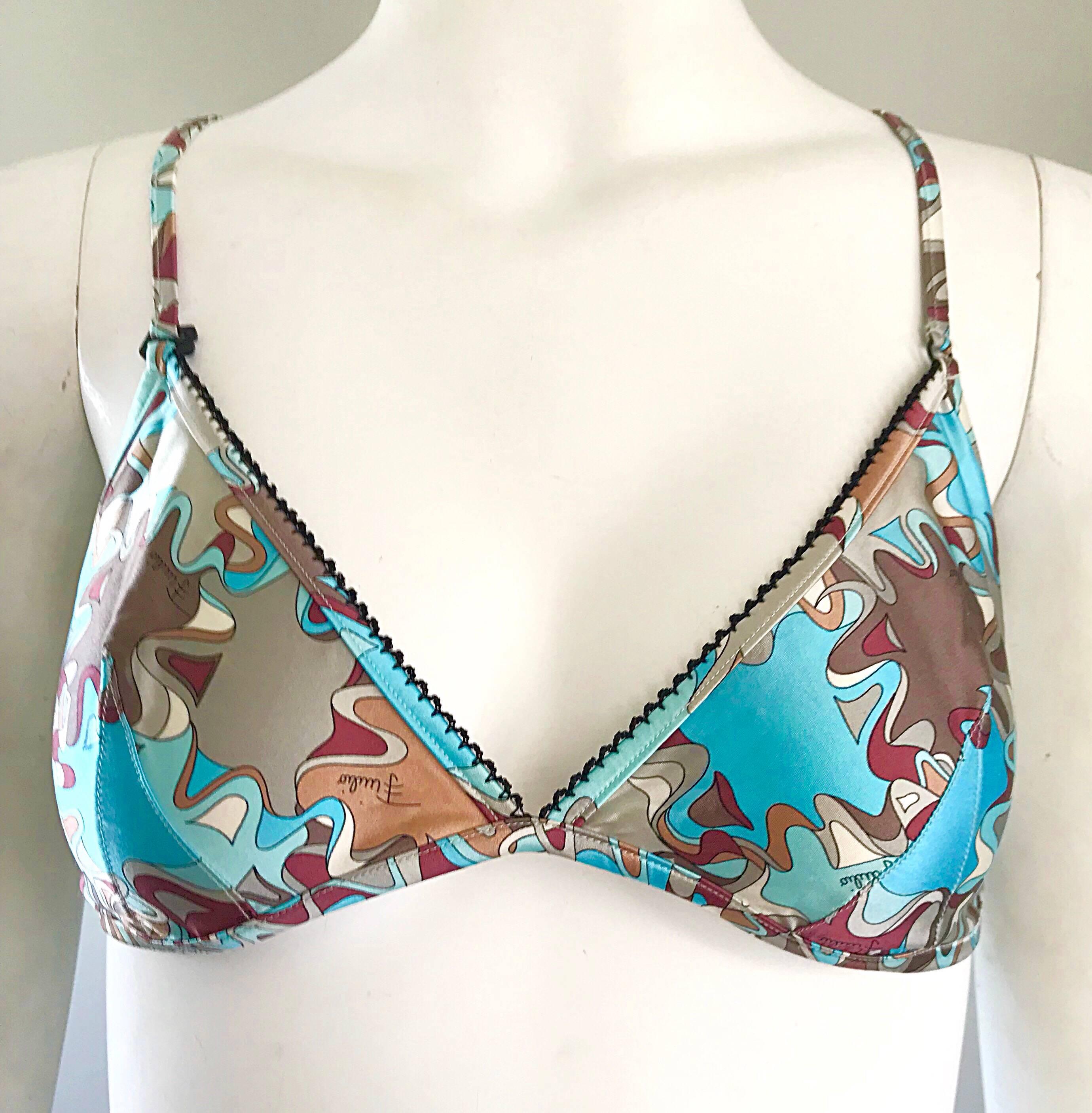 1990s Emilio Pucci New Light Blue + Brown + Maroon Signature Mosaic Silk Bra Top For Sale 1