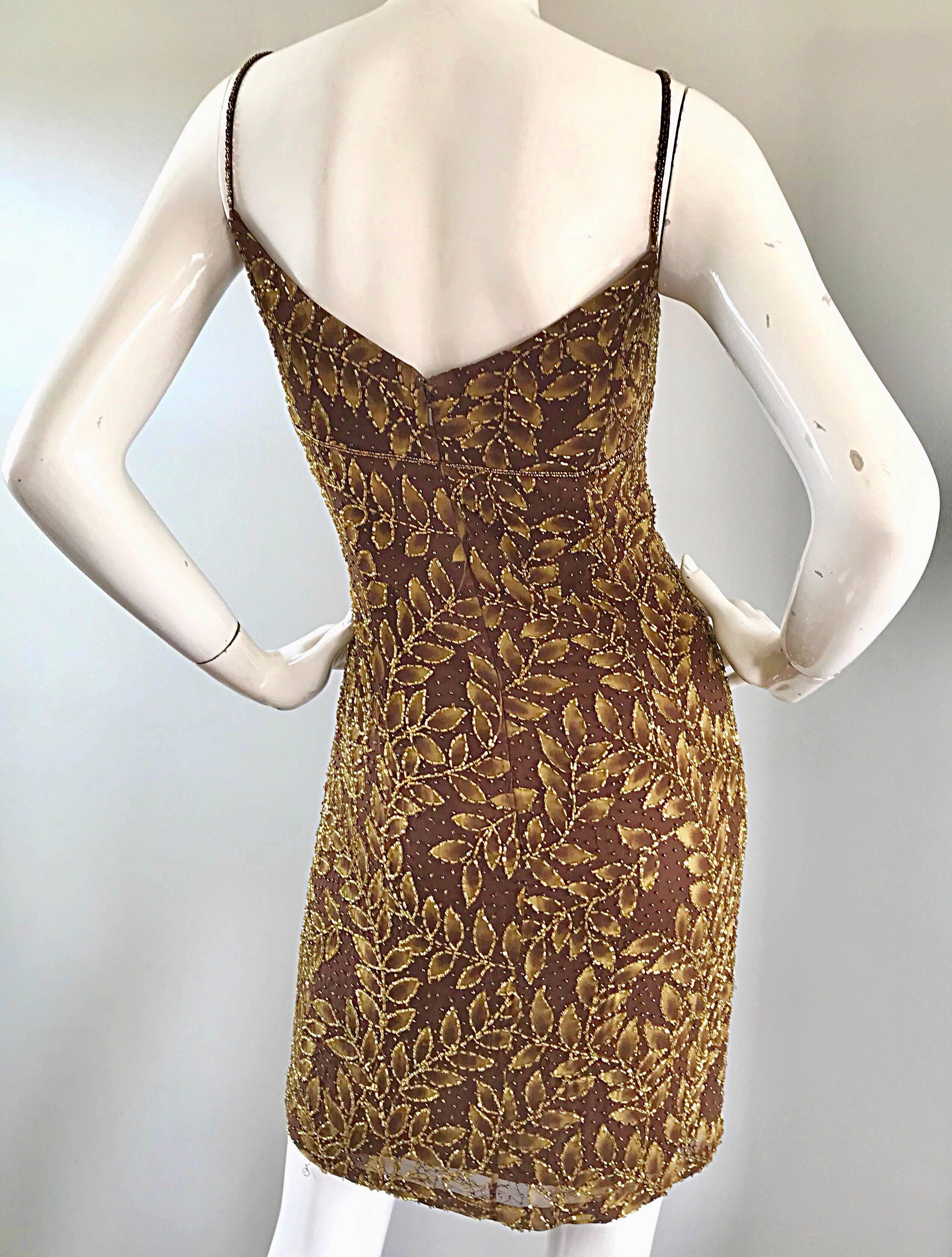 1990s Oleg Cassini Size 10 Brown and Gold Beaded Vintage 90s Silk Dress In Excellent Condition In San Diego, CA