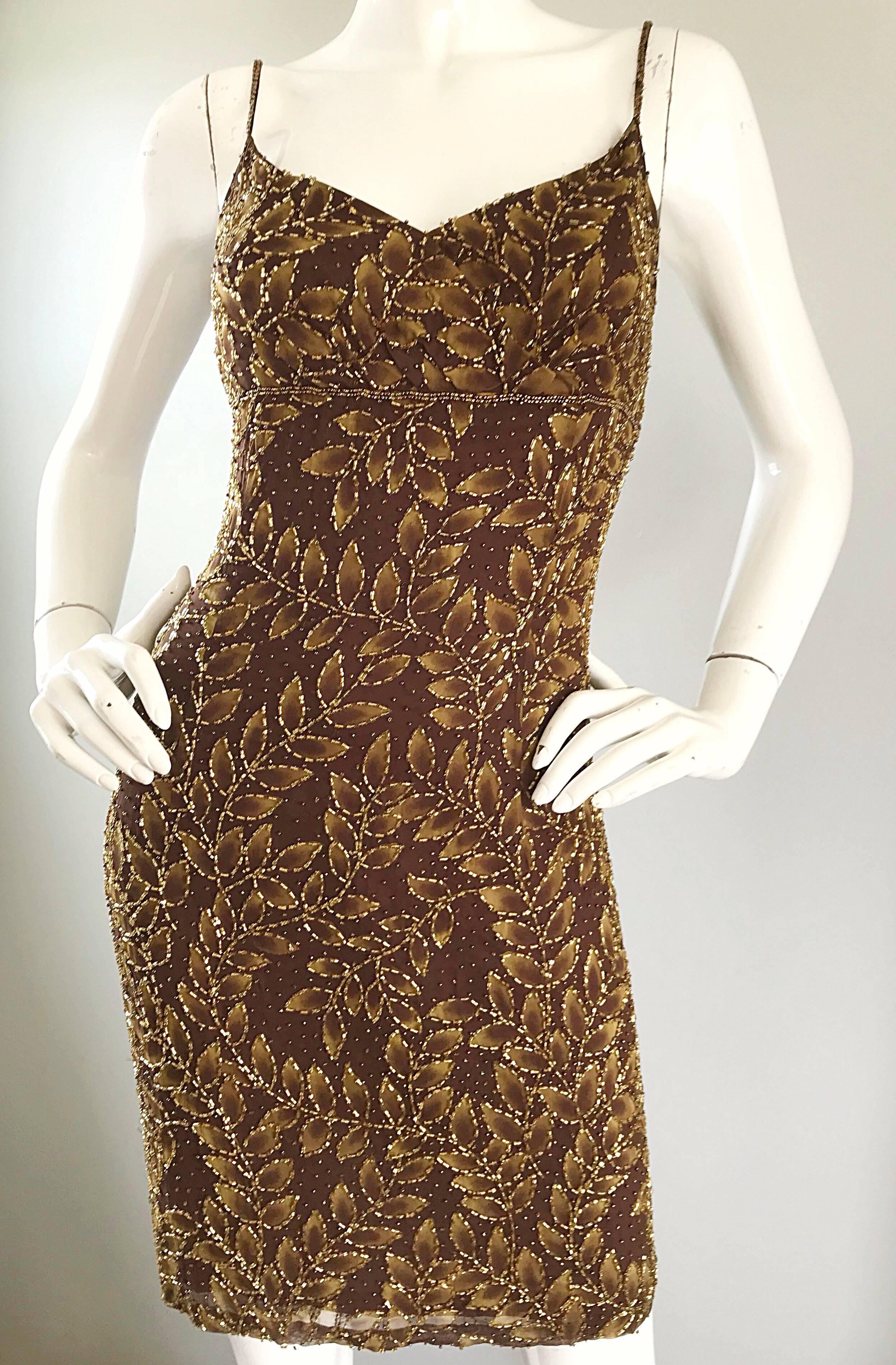 Women's 1990s Oleg Cassini Size 10 Brown and Gold Beaded Vintage 90s Silk Dress