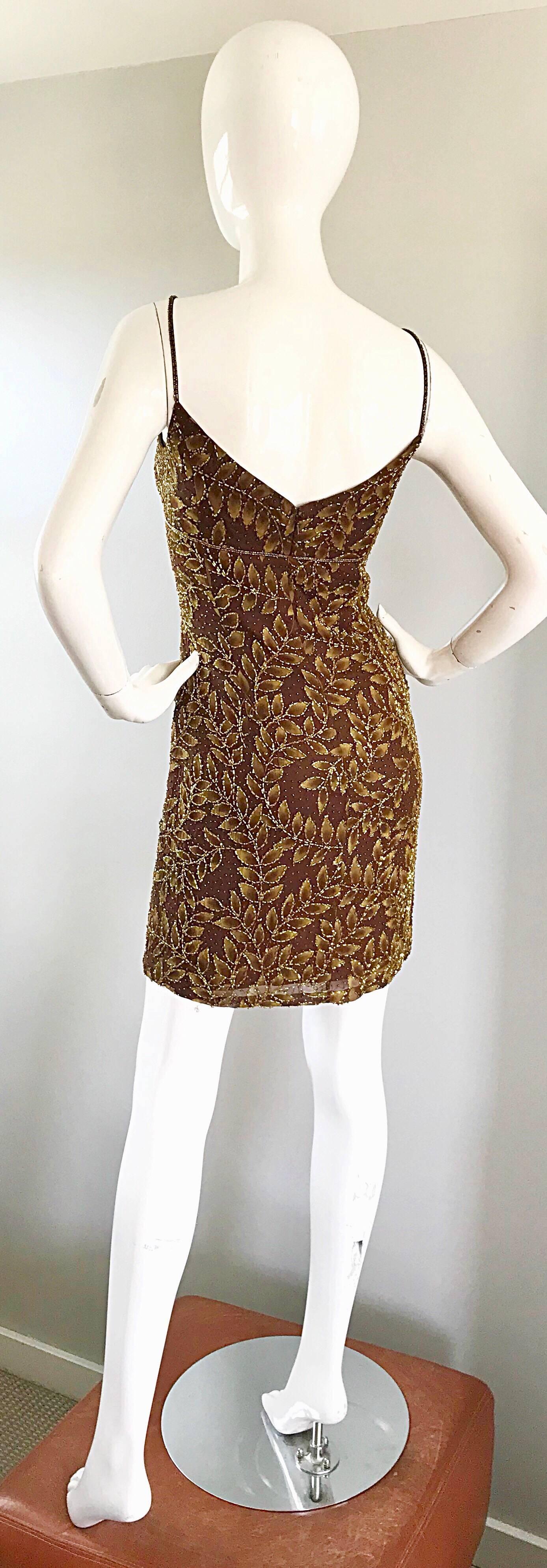 1990s Oleg Cassini Size 10 Brown and Gold Beaded Vintage 90s Silk Dress 1