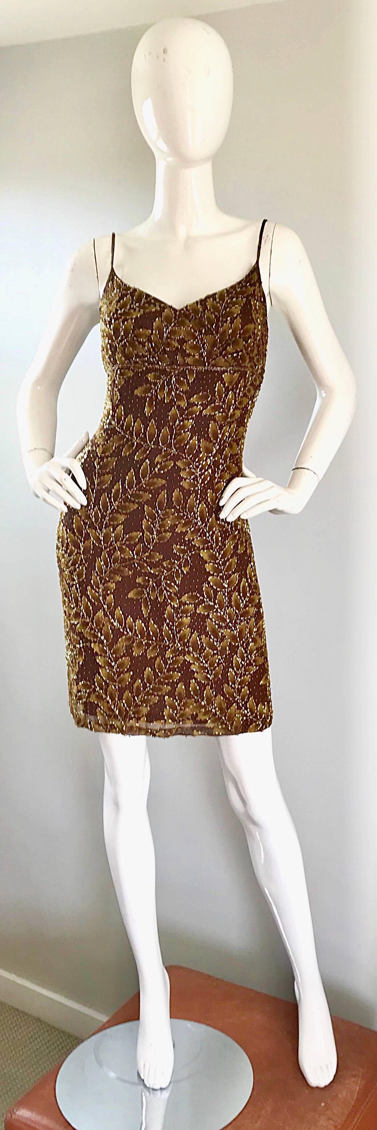 1990s Oleg Cassini Size 10 Brown and Gold Beaded Vintage 90s Silk Dress 2