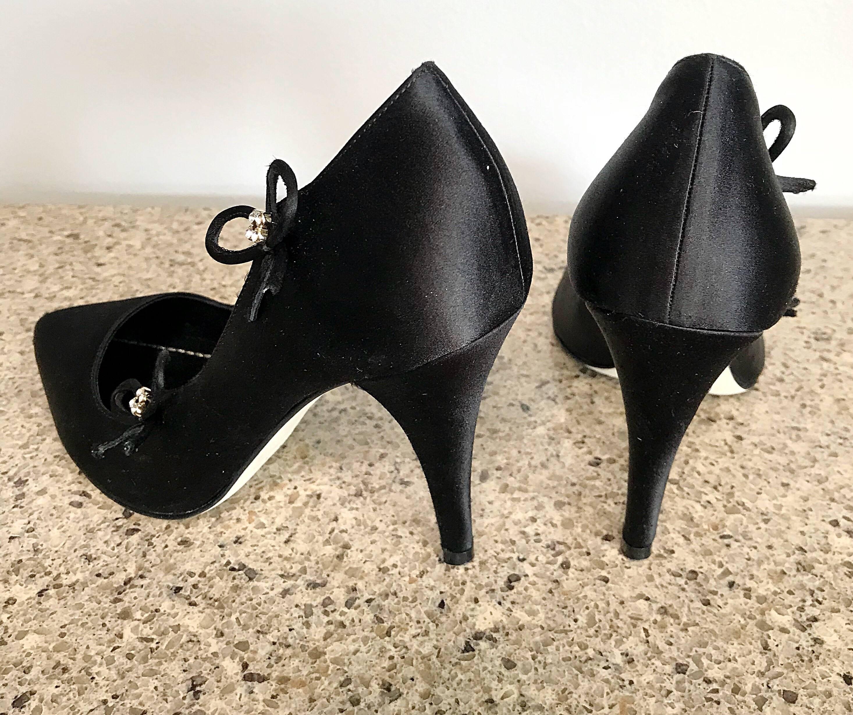 Christian Dior by John Galliano Size 36 / 6 Black Silk Satin Rhinestone Heels In Excellent Condition For Sale In San Diego, CA