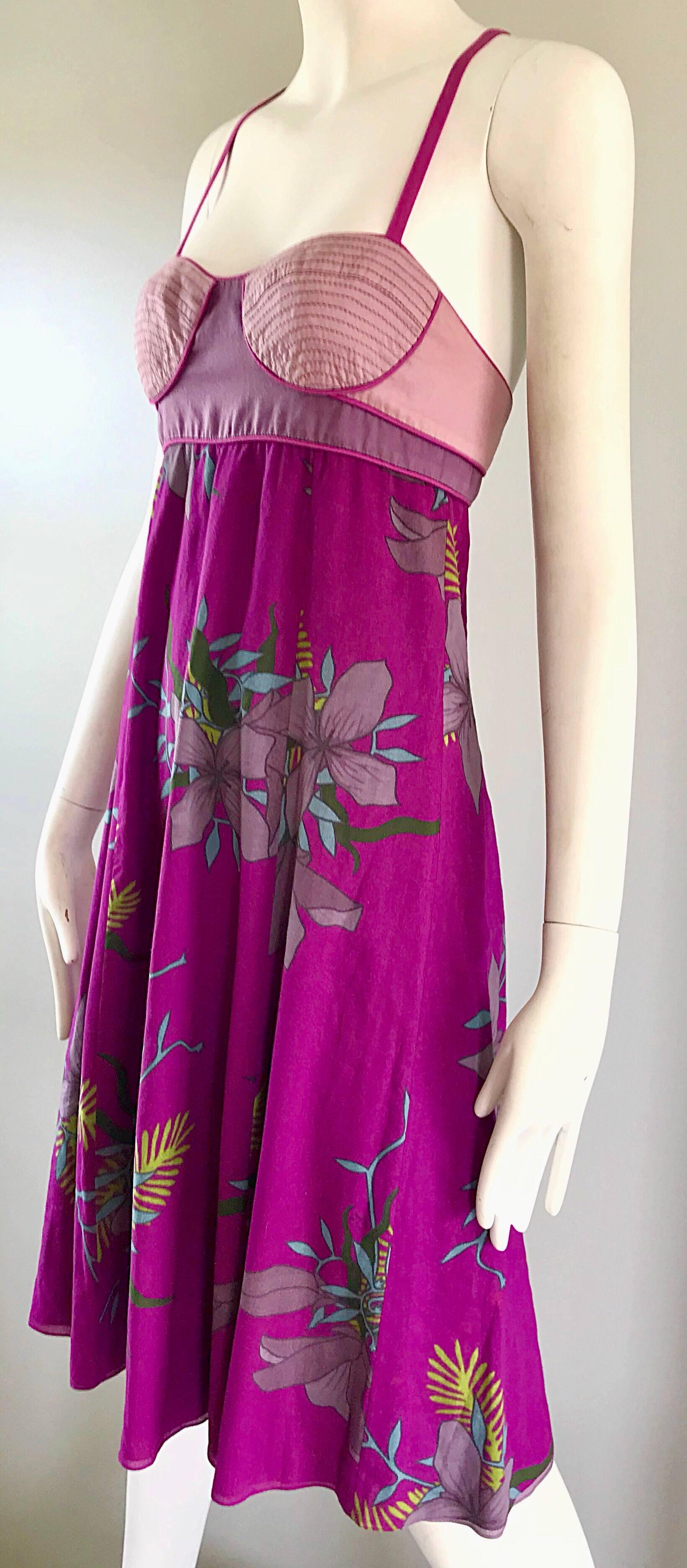 Proenza Schouler Size 2 Purple Hawaiian Flower Print Cotton Empire Waist Dress In Excellent Condition For Sale In San Diego, CA