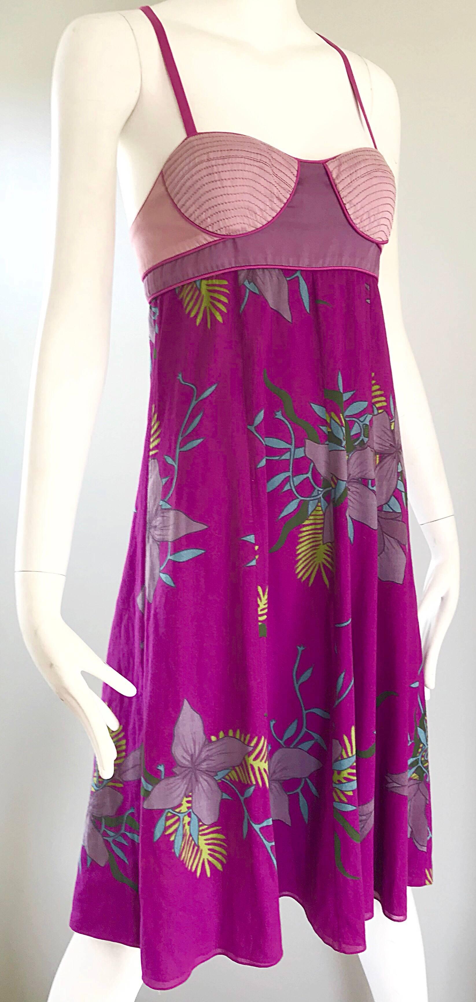 Women's Proenza Schouler Size 2 Purple Hawaiian Flower Print Cotton Empire Waist Dress For Sale