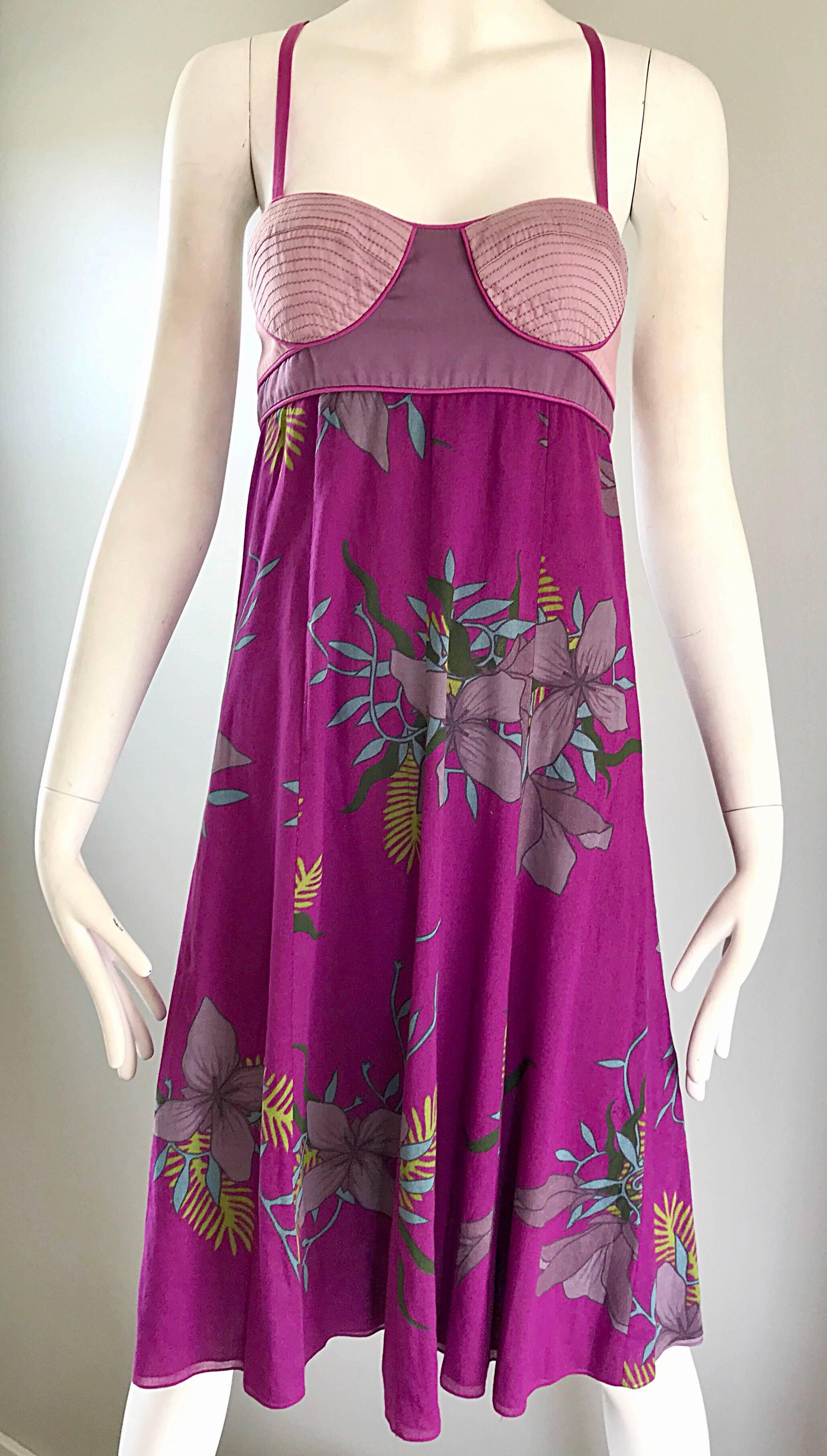Proenza Schouler Size 2 Purple Hawaiian Flower Print Cotton Empire Waist Dress For Sale 1