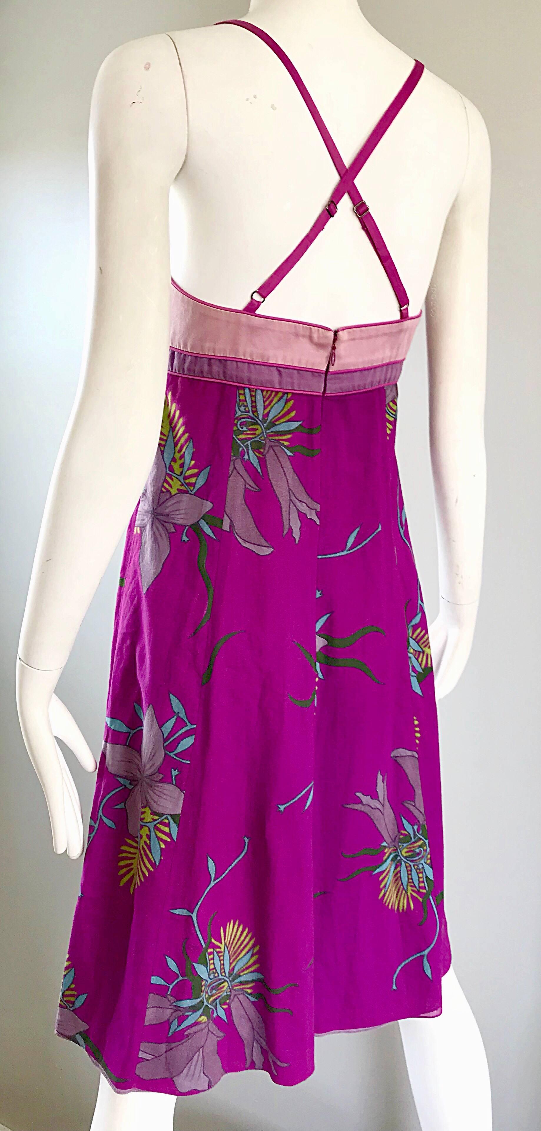 Proenza Schouler Size 2 Purple Hawaiian Flower Print Cotton Empire Waist Dress For Sale 2