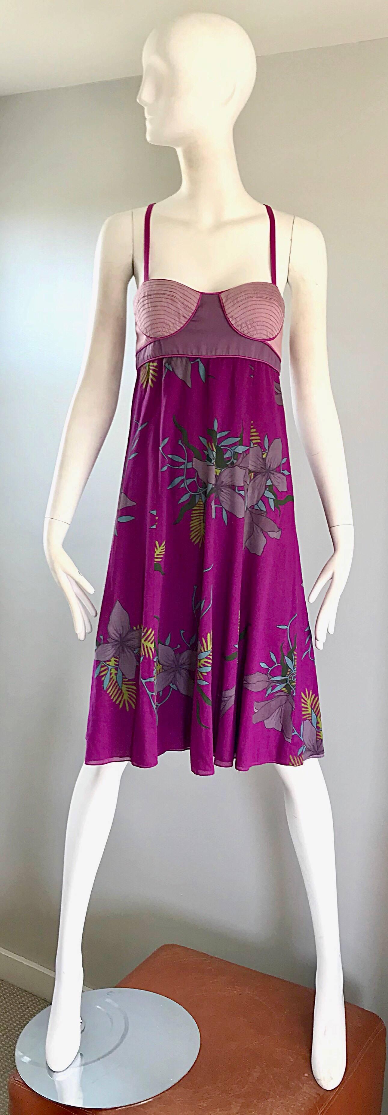 Proenza Schouler Size 2 Purple Hawaiian Flower Print Cotton Empire Waist Dress For Sale 3