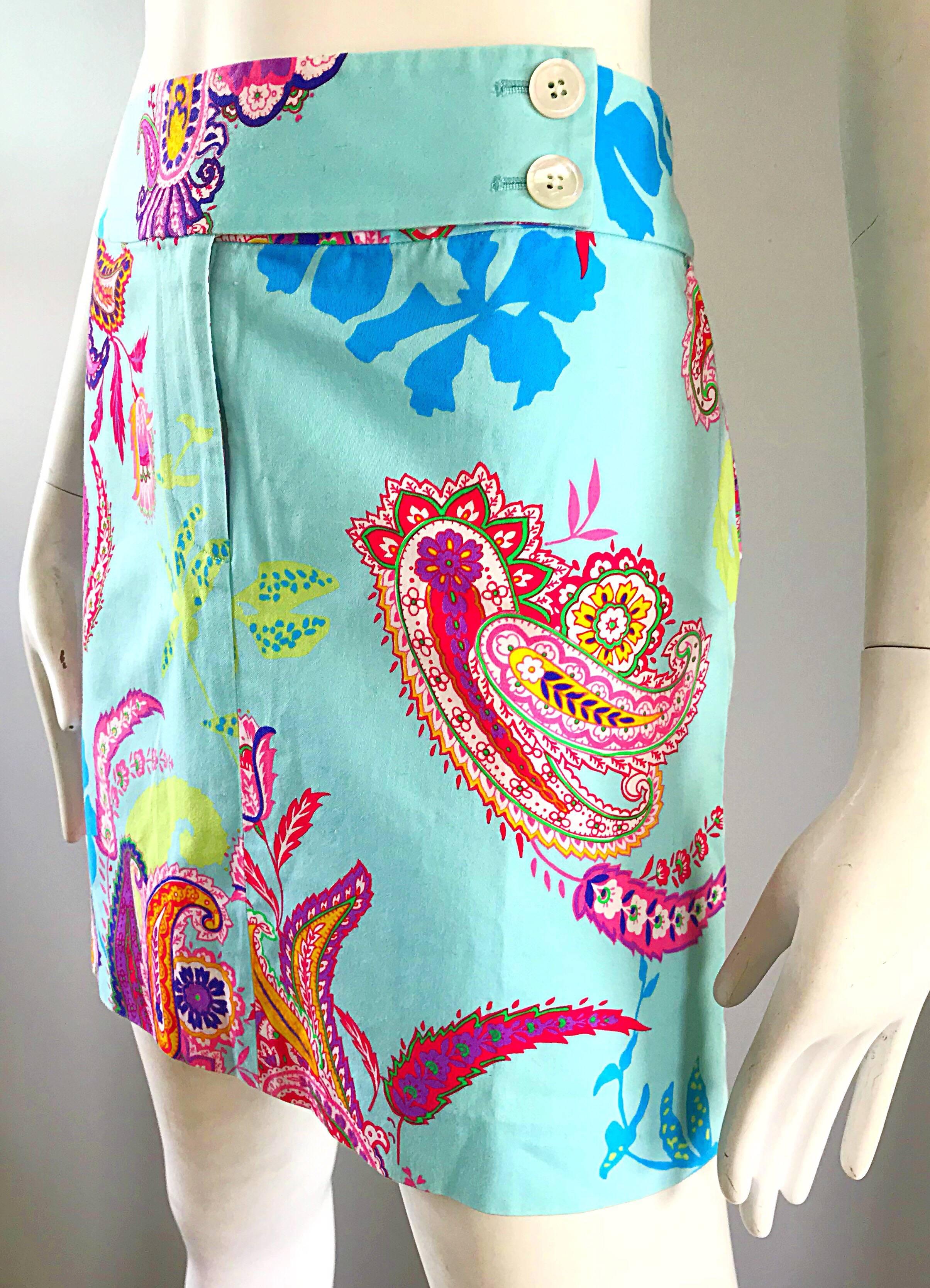 Blue 1990s Ralph Lauren Black Label Size 6 Paisley Vintage 90s Cotton Mini Skirt For Sale