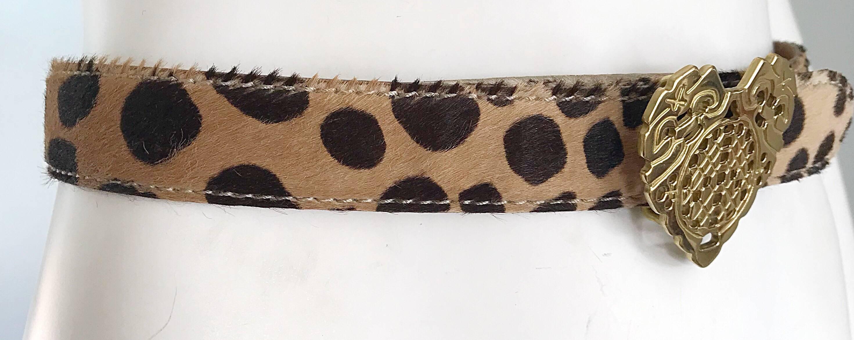 Vintage Moschino Cheap & Chic 1990s Calf Hair Leopard Print Heart Buckle Belt In Excellent Condition In San Diego, CA