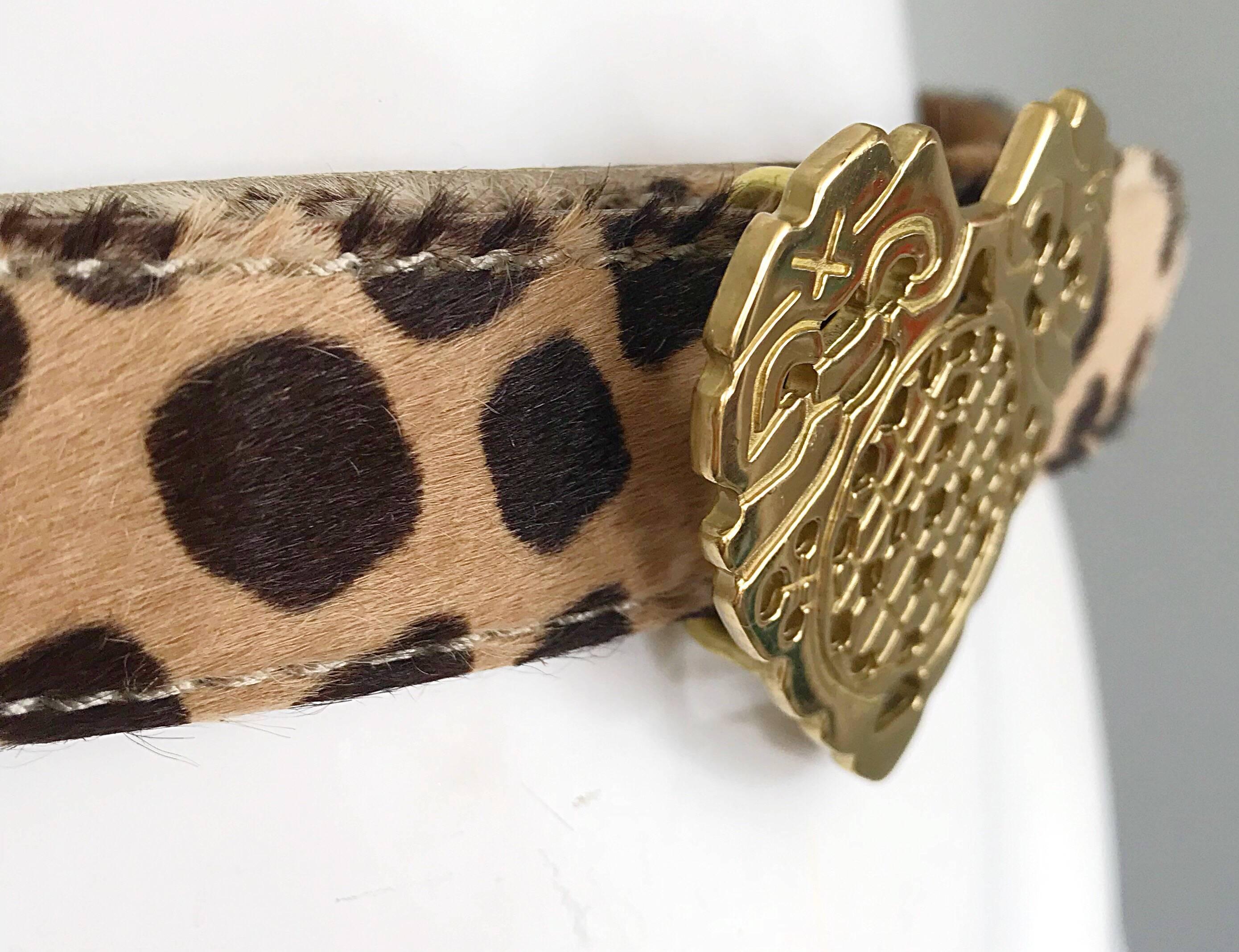 Vintage Moschino Cheap & Chic 1990s Calf Hair Leopard Print Heart Buckle Belt 1