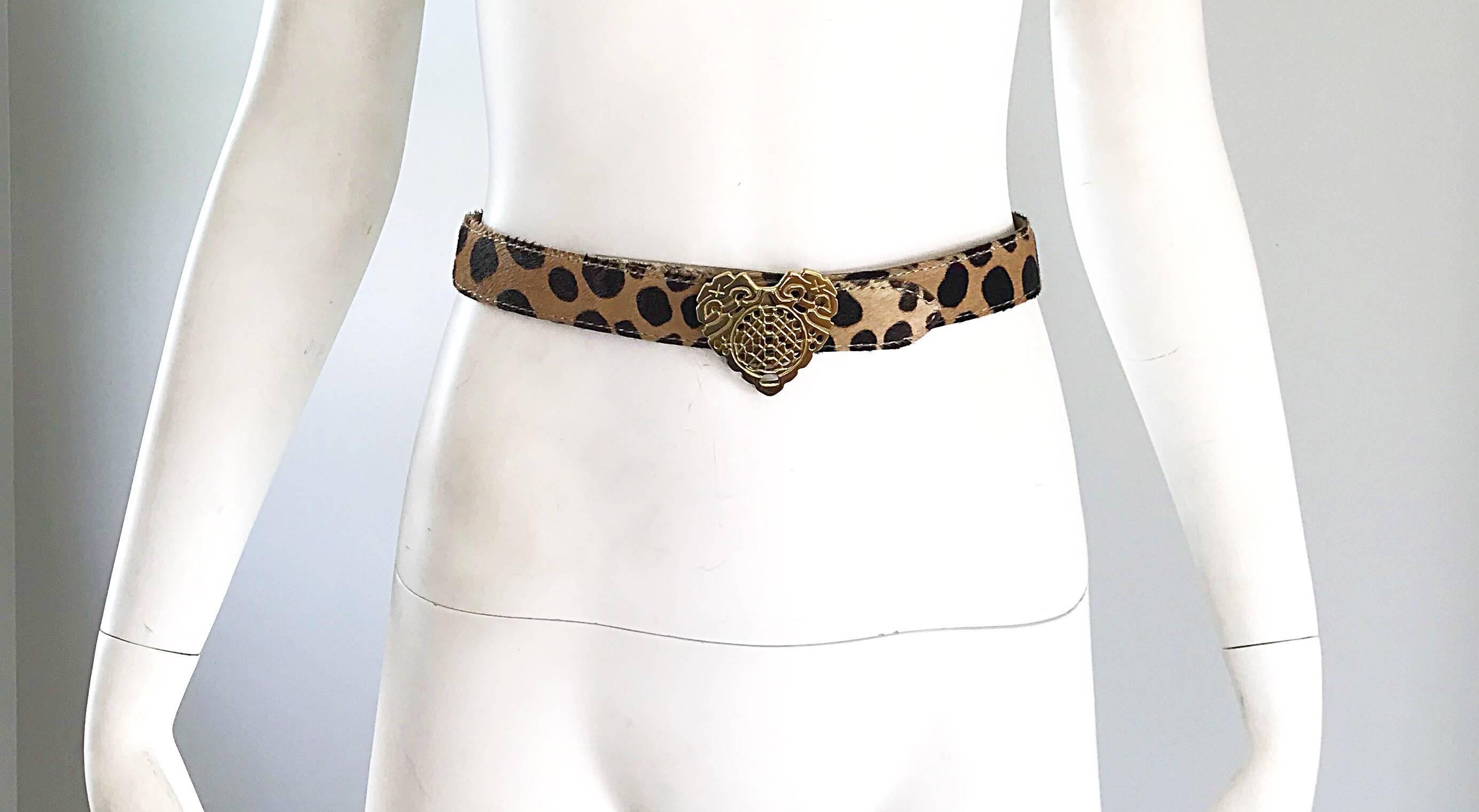 Vintage Moschino Cheap & Chic 1990s Calf Hair Leopard Print Heart Buckle Belt 3