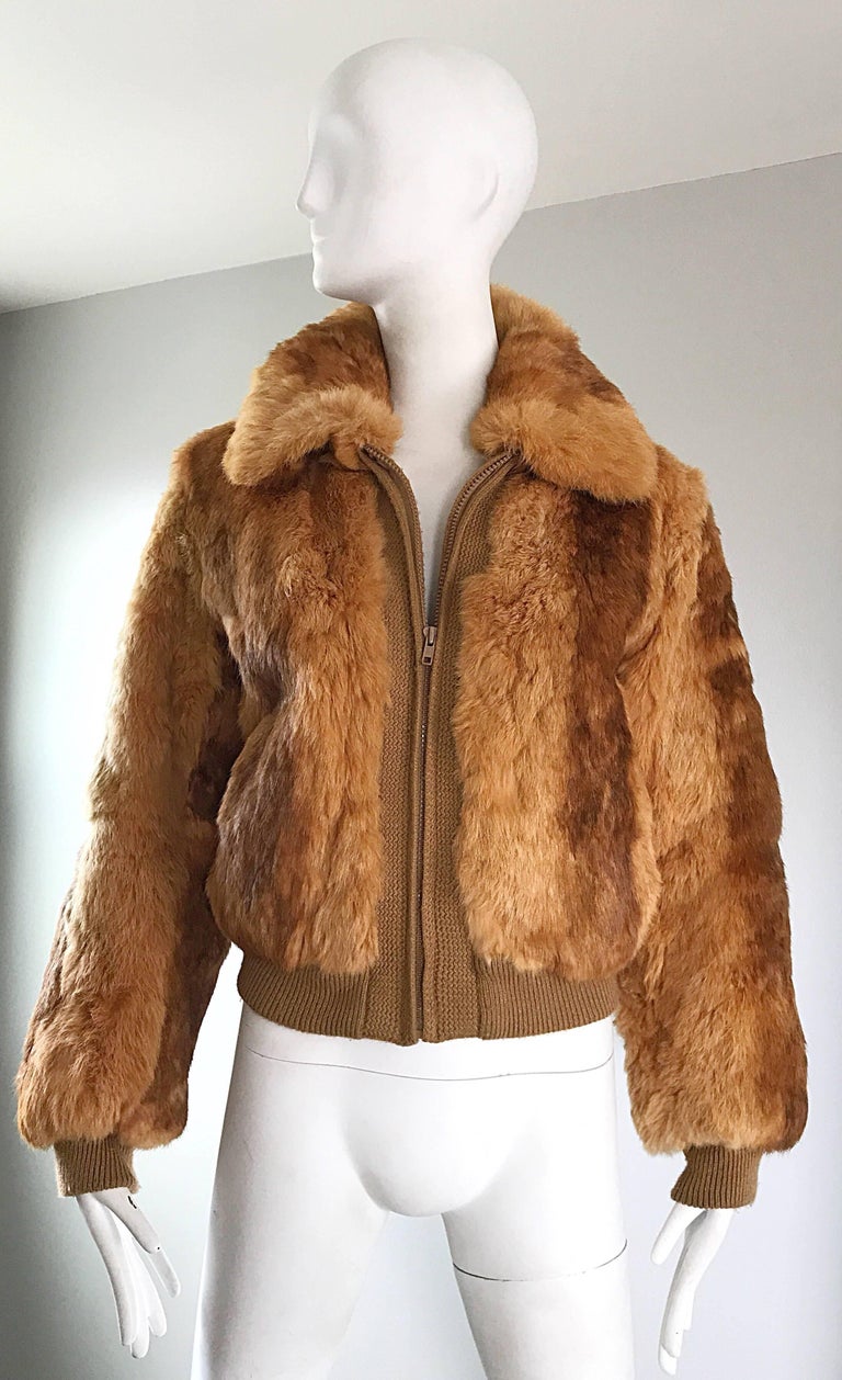 1970s Rabbit Fur Brown Copper Rust Bomber Style Vintage 70s Jacket Coat In Excellent Condition For Sale In San Diego, CA