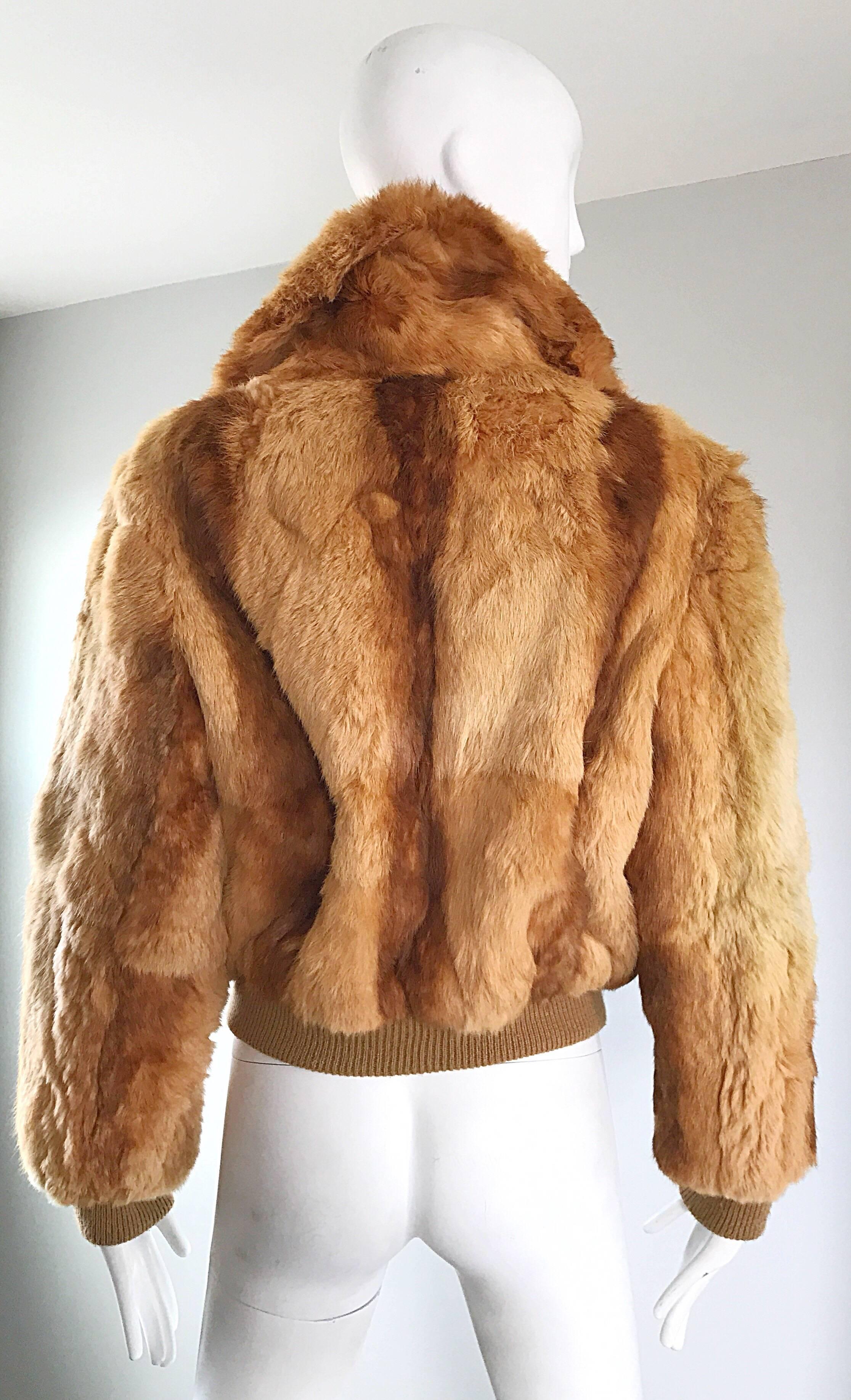Women's 1970s Rabbit Fur Brown Copper Rust Bomber Style Vintage 70s Jacket Coat For Sale