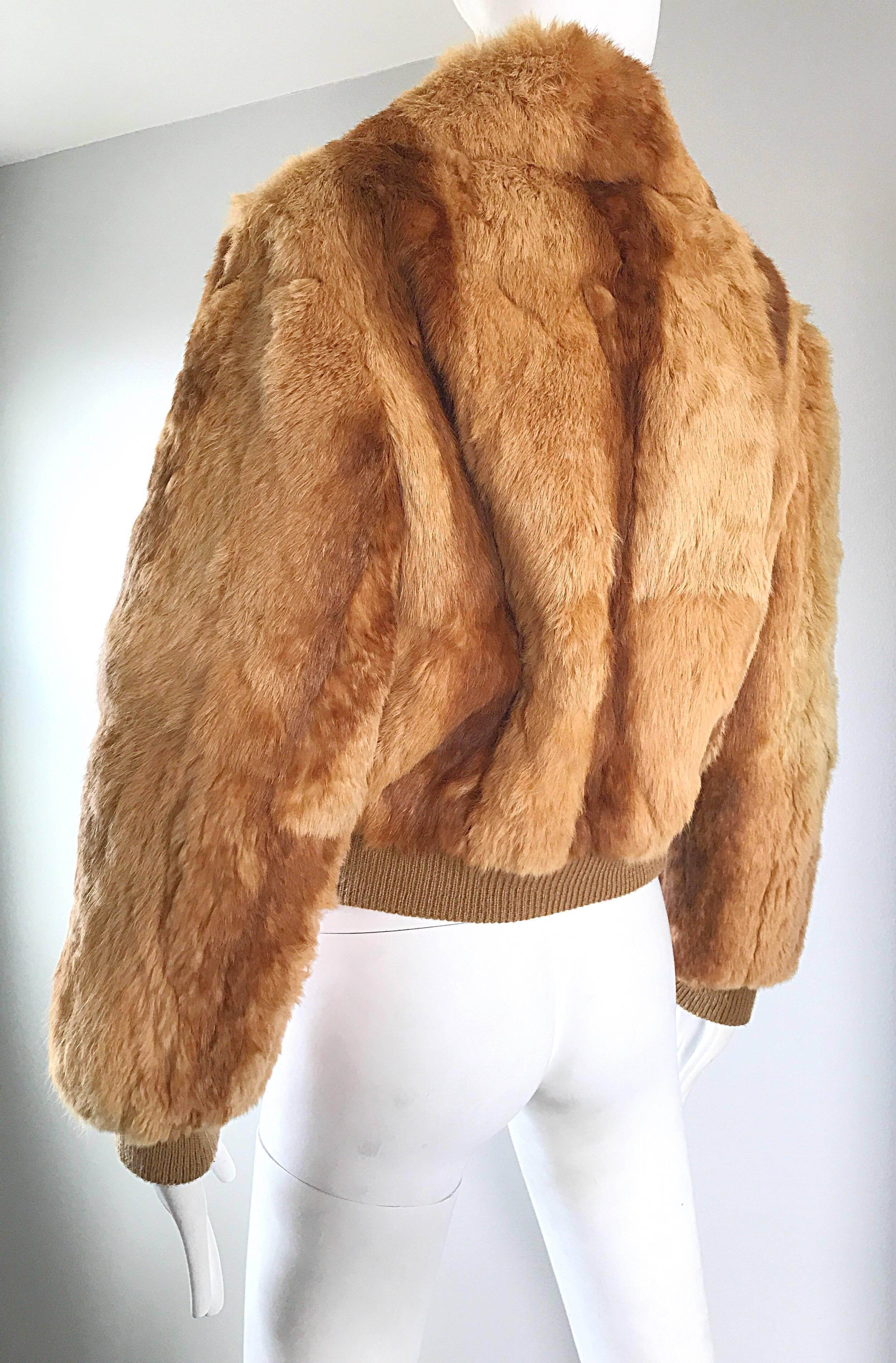 1970s Rabbit Fur Brown Copper Rust Bomber Style Vintage 70s Jacket Coat For Sale 1