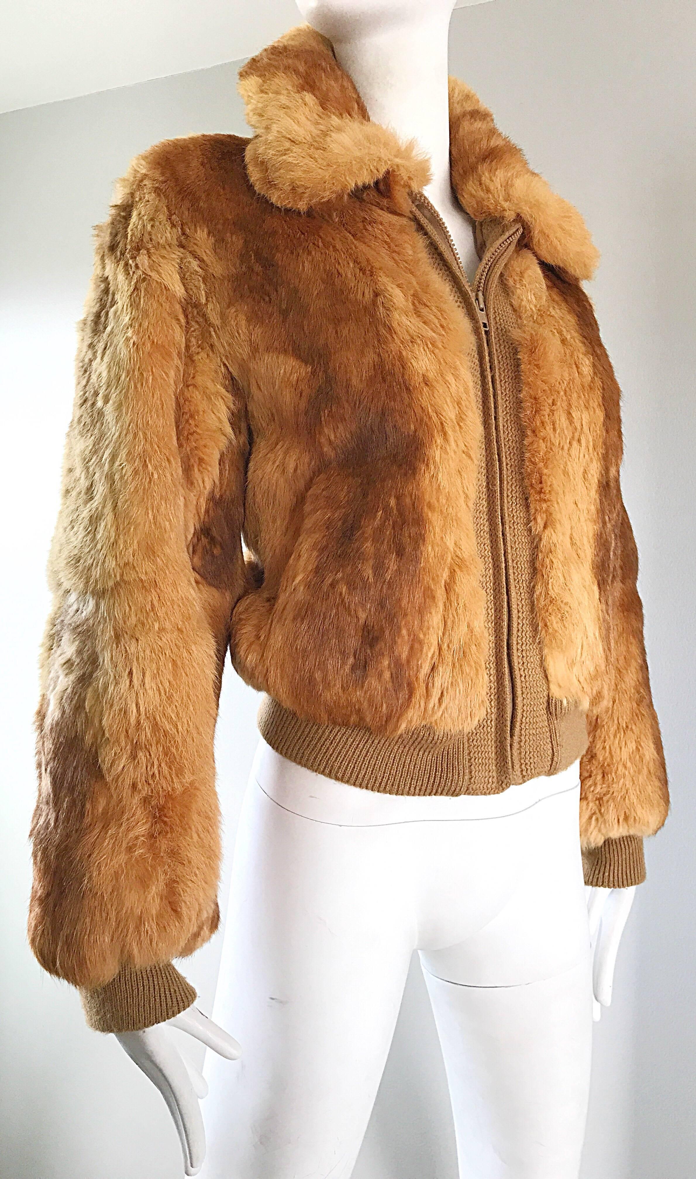 1970s Rabbit Fur Brown Copper Rust Bomber Style Vintage 70s Jacket Coat For Sale 2