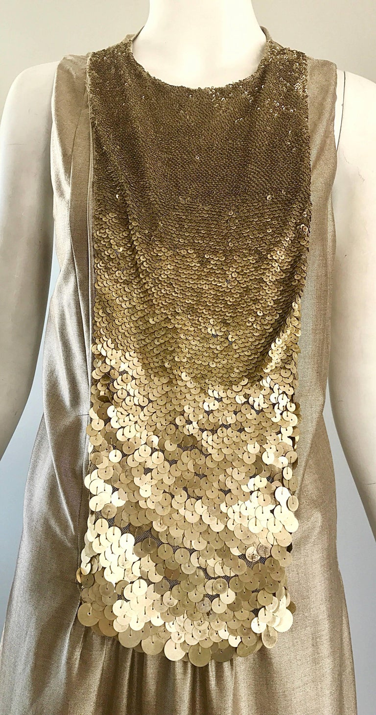 Luca Luca Size 42 / 12 Gold Metallic Silk Deco Style Sequin Bib 20s Style Dress