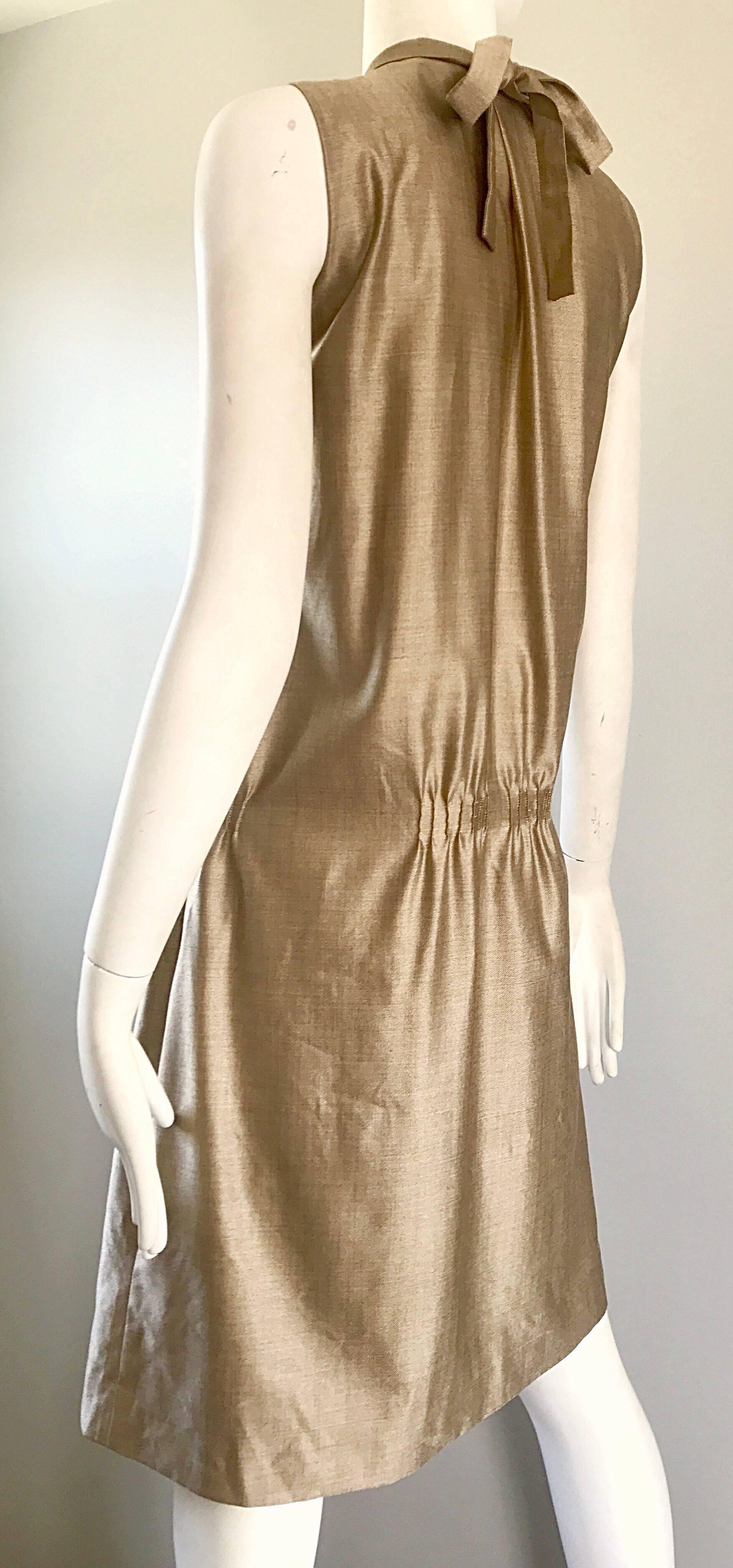 Brown Luca Luca Size 42 / 12 Gold Metallic Silk Deco Style Sequin Bib 20s Style Dress For Sale