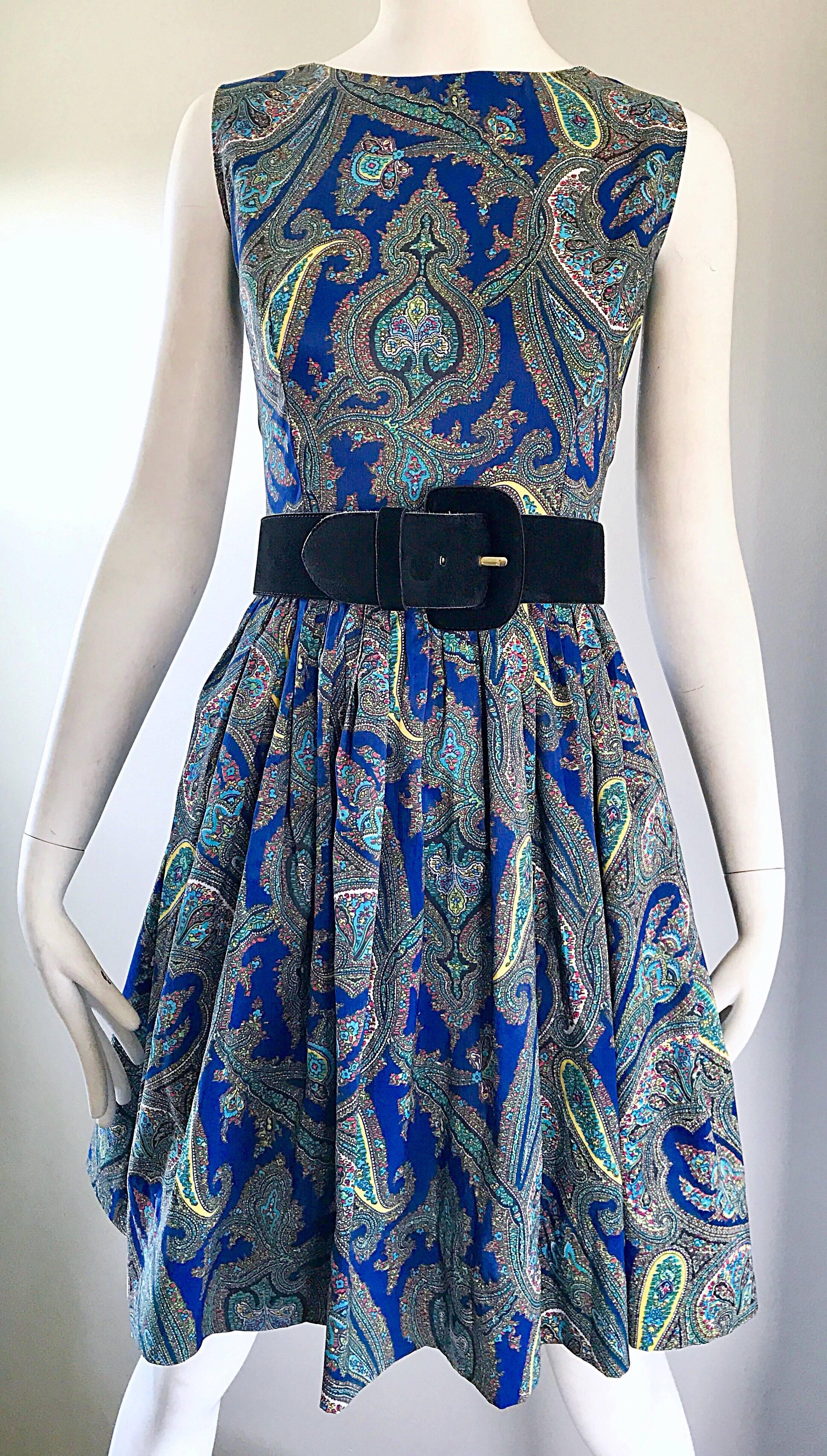 1950s Gorgeous Blue Paisley Fit n' Flare Vintage 50s Sleeveless Silk Dress For Sale 1