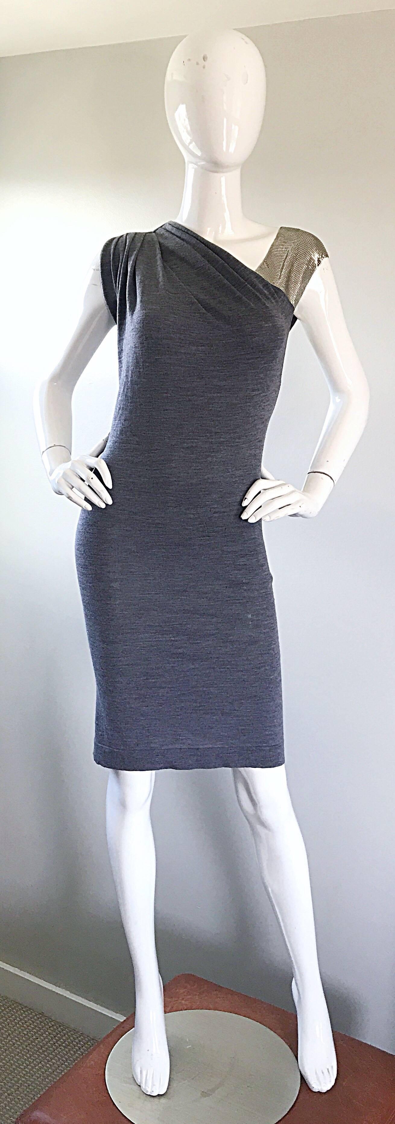Brand new with tags early 2000s PIERRE BALMAIN gray wool and cashmere one shoulder chain mail cocktail dress! Features one shoulder of metal mesh chainmail, produced by Whiting & Davis. Super soft and luxurious wool and cashmere blend. Simply slips