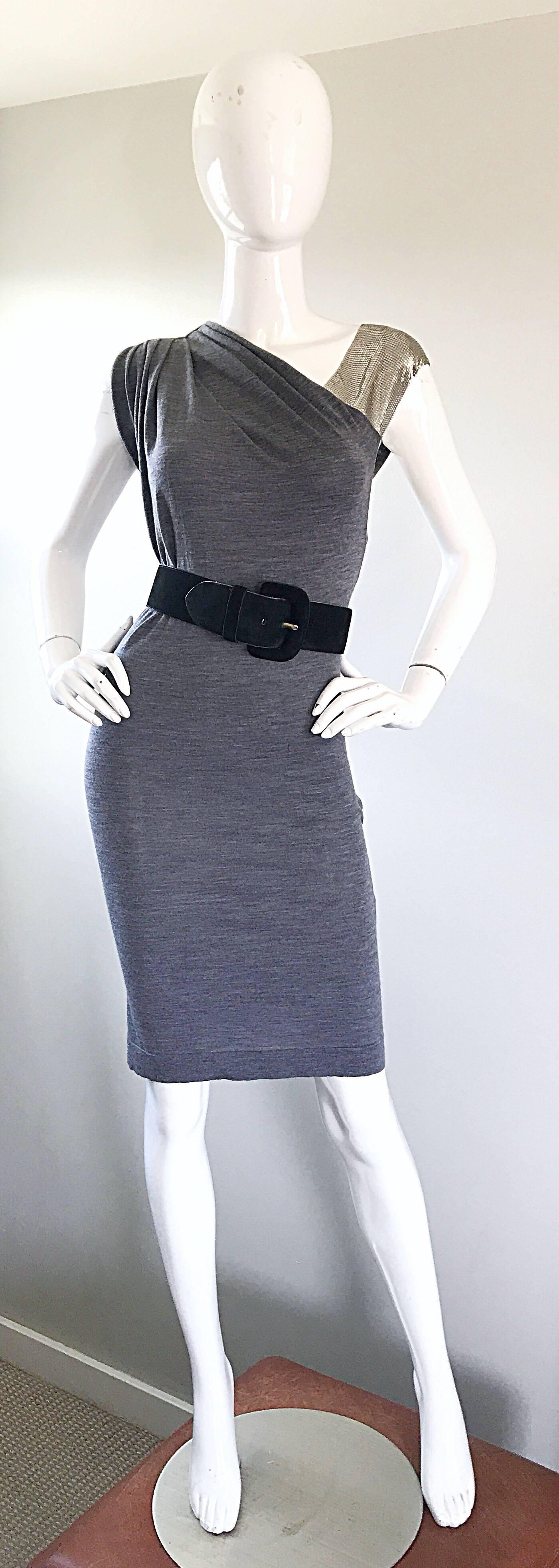 Black NWT Pierre Balmain Sz 40 / 8 Chainmail One Shoulder Grey Wool Metal Mesh Dress For Sale