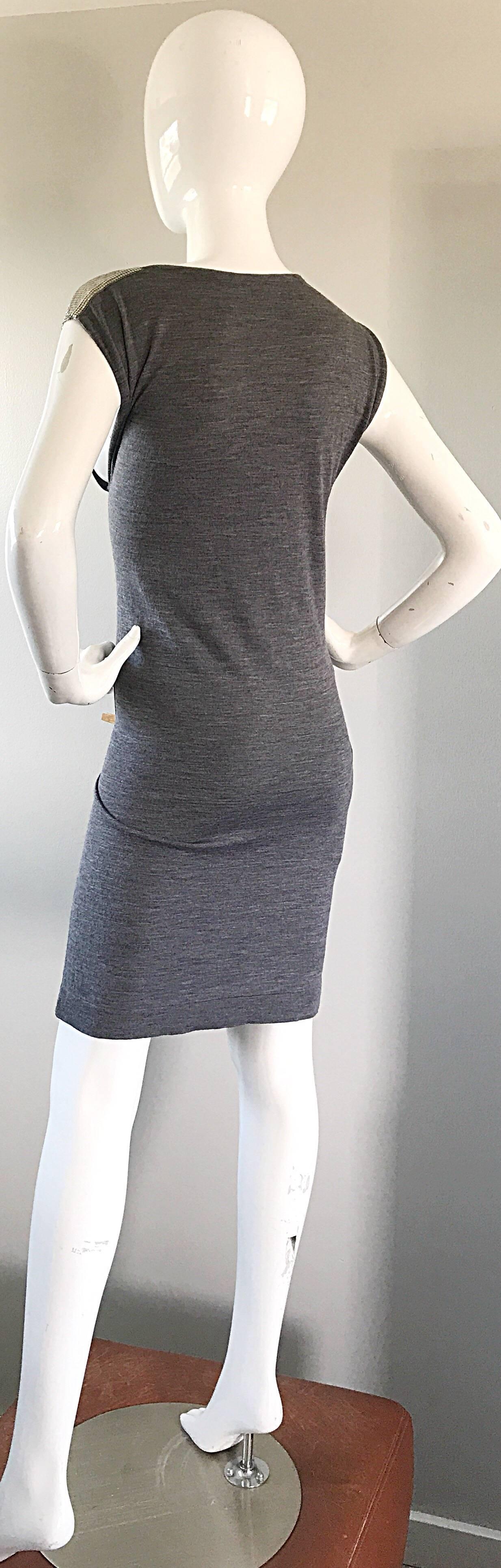 Women's NWT Pierre Balmain Sz 40 / 8 Chainmail One Shoulder Grey Wool Metal Mesh Dress For Sale
