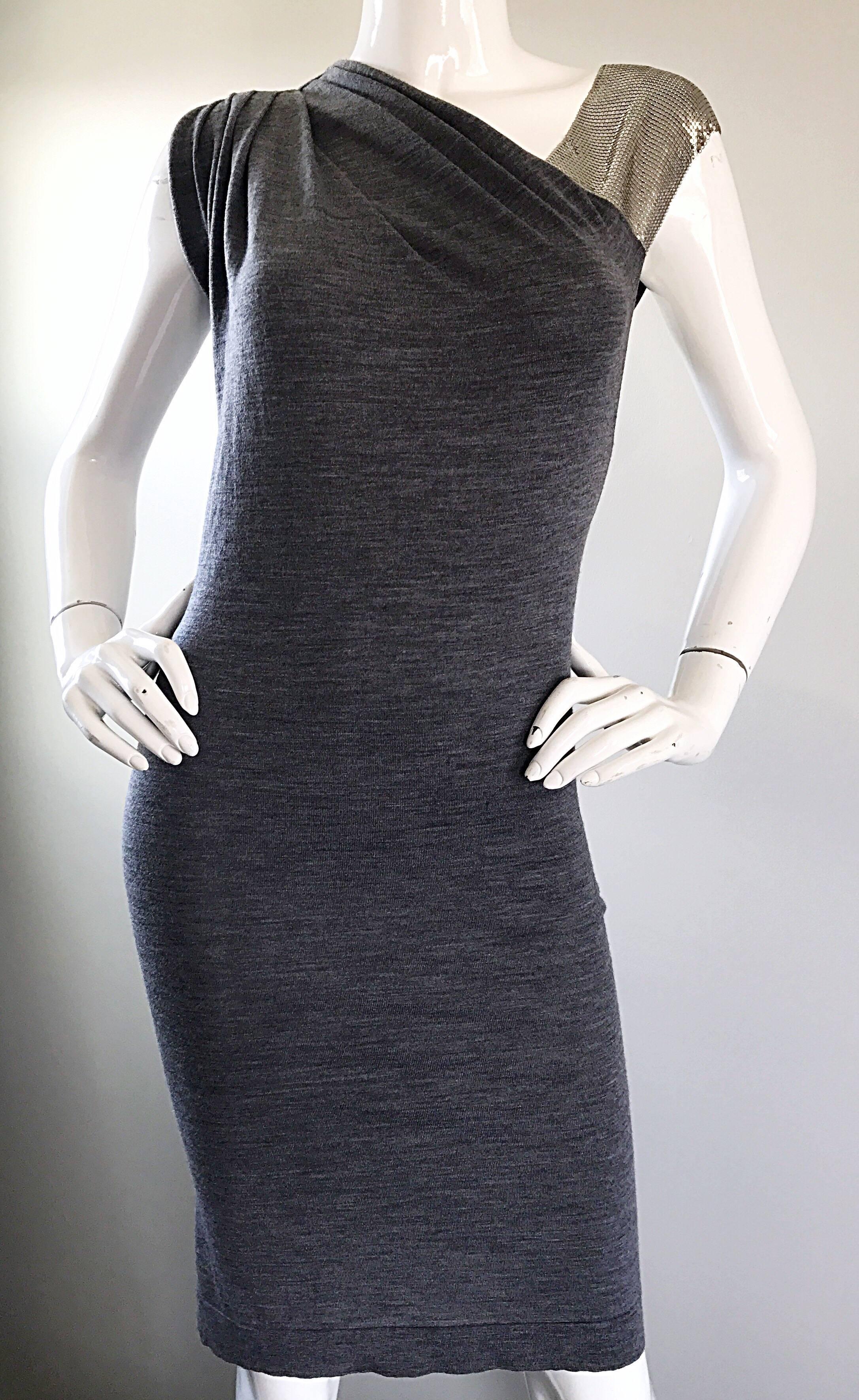 NWT Pierre Balmain Sz 40 / 8 Chainmail One Shoulder Grey Wool Metal Mesh Dress For Sale 1