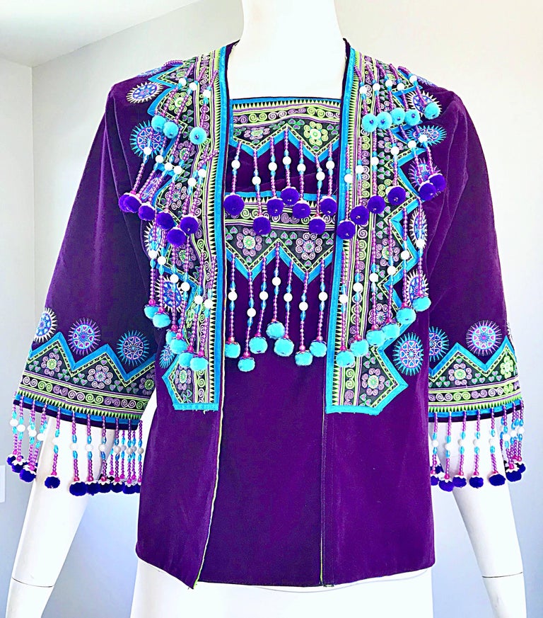 1970s Purple Velvet Boho Velvet Beaded Pom Pom Vintage 70s Kimono ...
