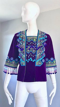 1970s Purple Hmong Velvet Boho Velvet Beaded Pom Vintage 70s Kimono Jacket