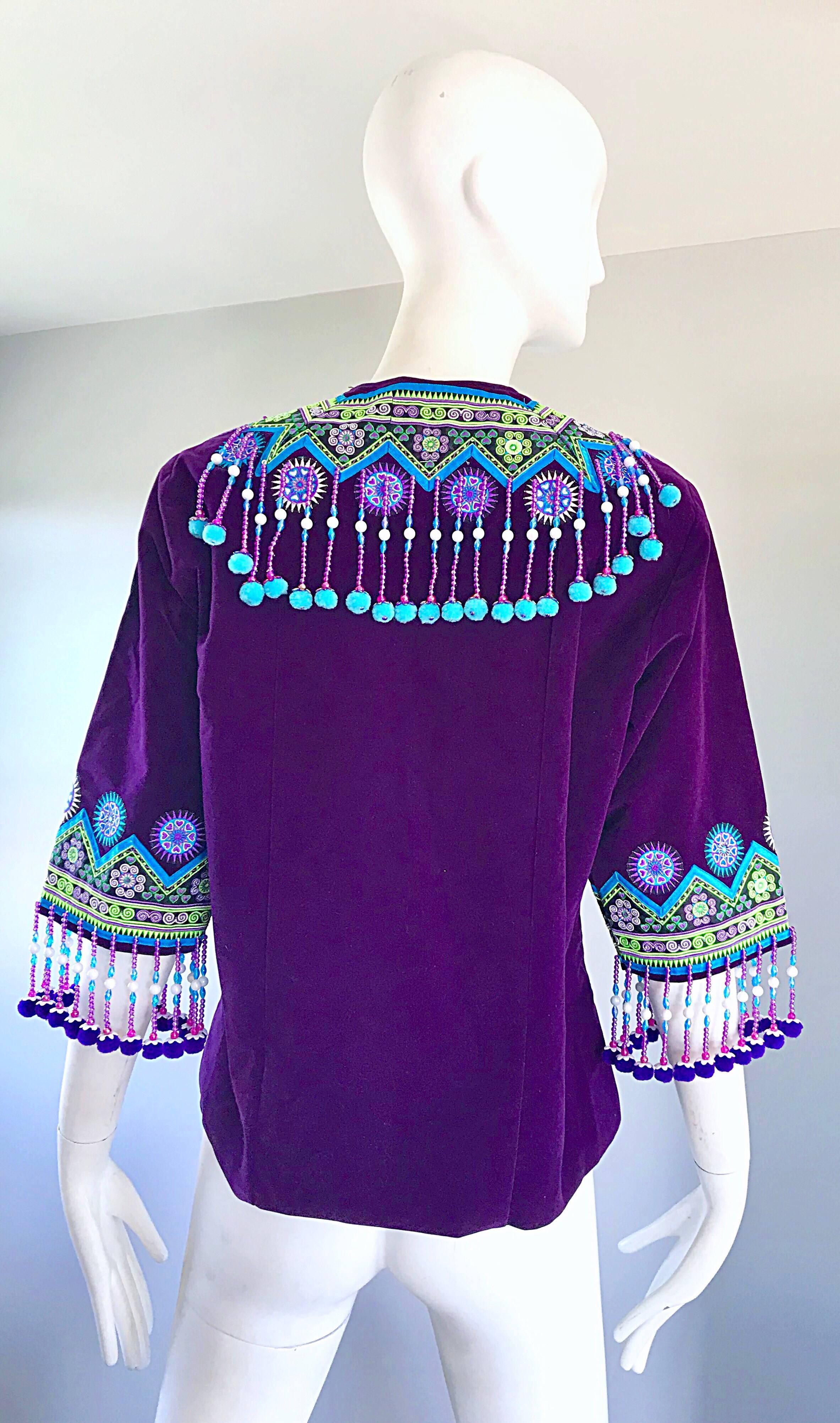 Women's 1970s Purple Hmong Velvet Boho Velvet Beaded Pom Vintage 70s Kimono Jacket
