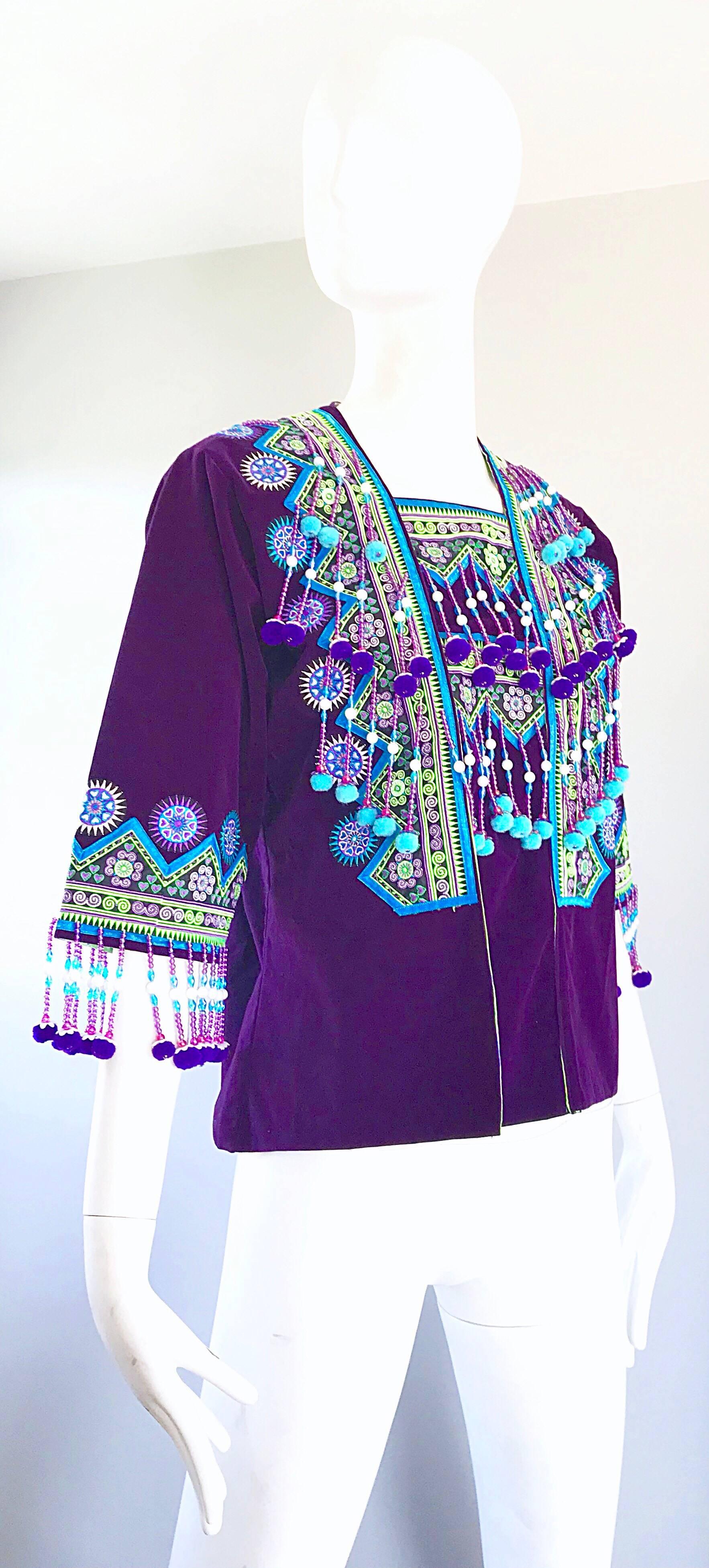 1970s Purple Hmong Velvet Boho Velvet Beaded Pom Vintage 70s Kimono Jacket 3