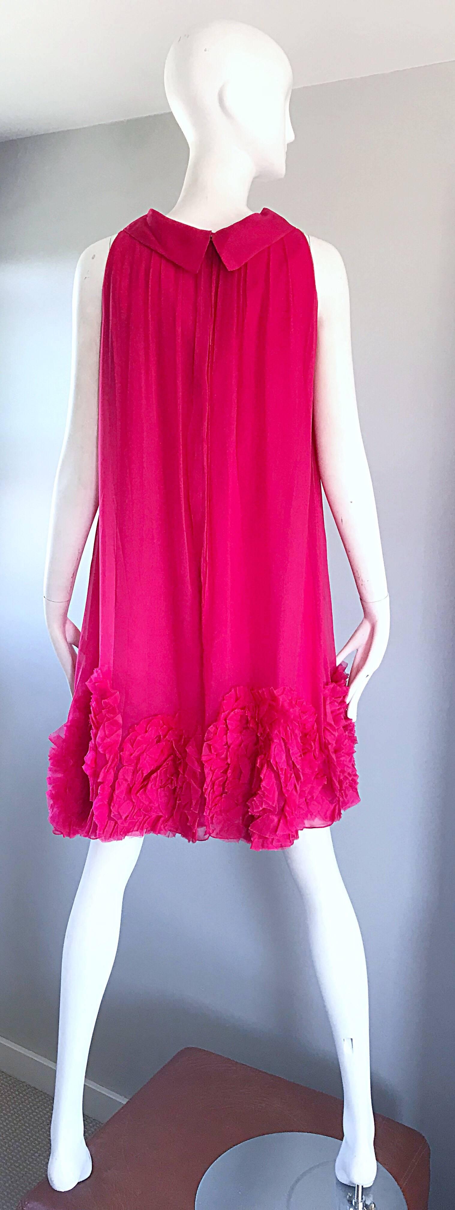 1960s Demi Couture Hot Pink Silk Chiffon Trapeze Empire Waist Babydoll Dress In Excellent Condition In San Diego, CA