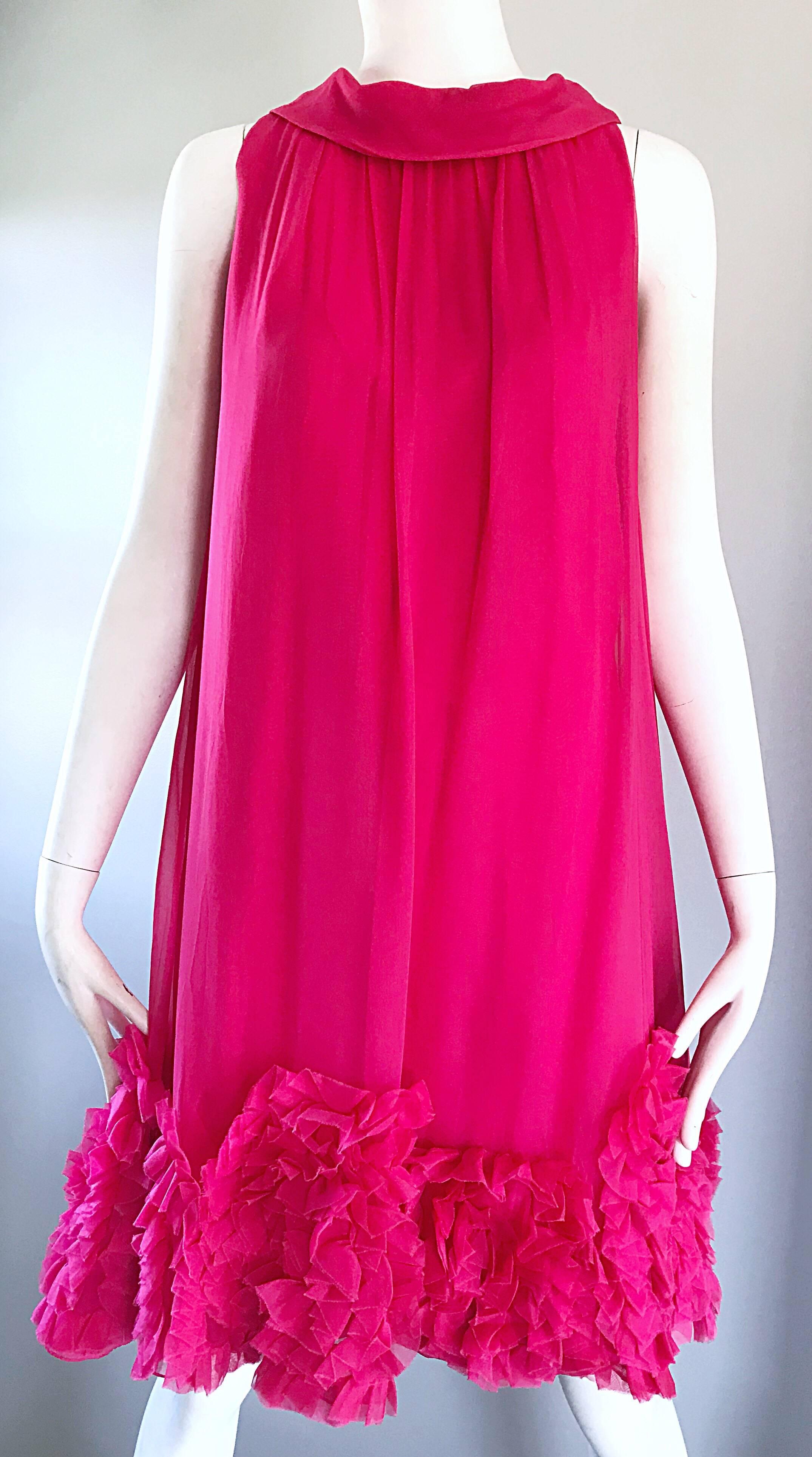 Women's 1960s Demi Couture Hot Pink Silk Chiffon Trapeze Empire Waist Babydoll Dress