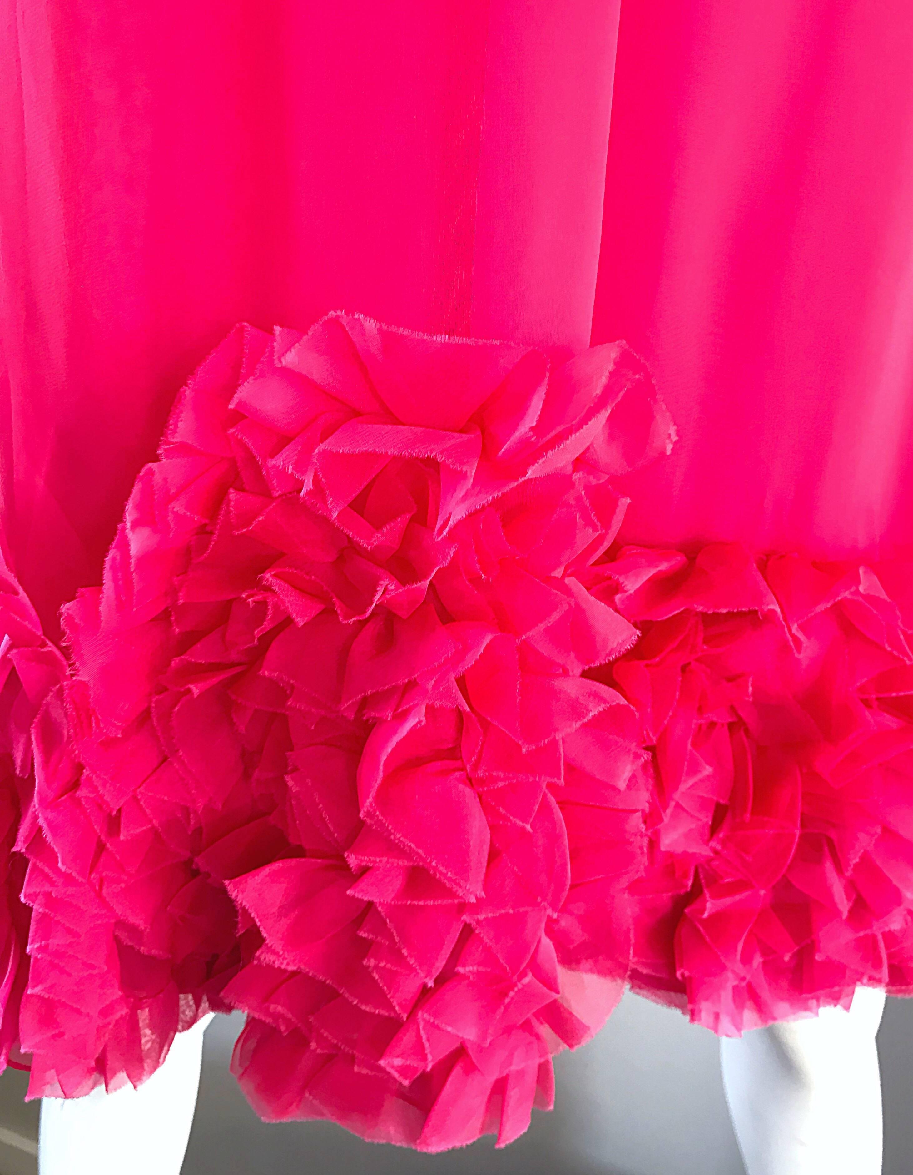1960s Demi Couture Hot Pink Silk Chiffon Trapeze Empire Waist Babydoll Dress 1
