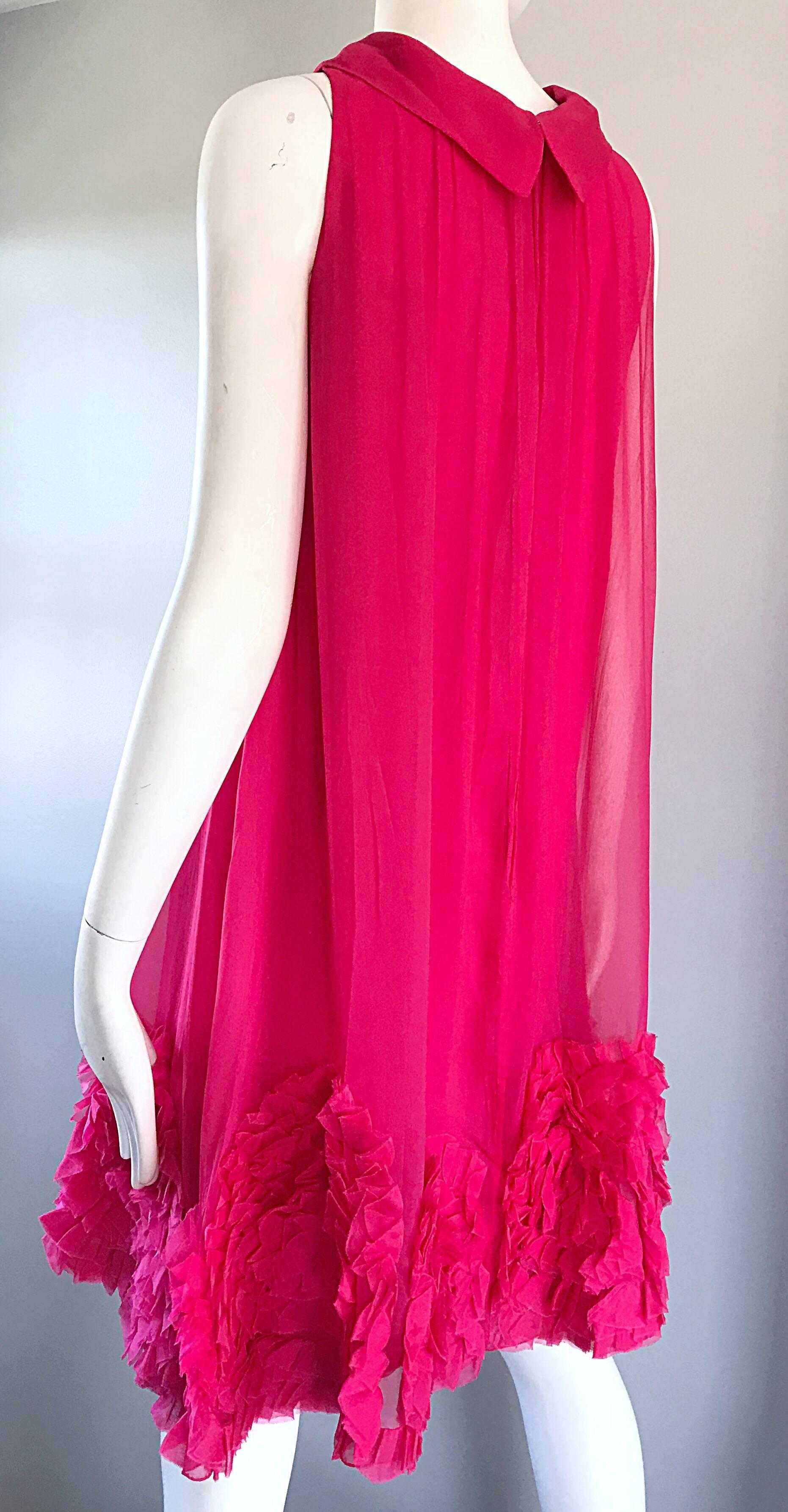 1960s Demi Couture Hot Pink Silk Chiffon Trapeze Empire Waist Babydoll Dress 3