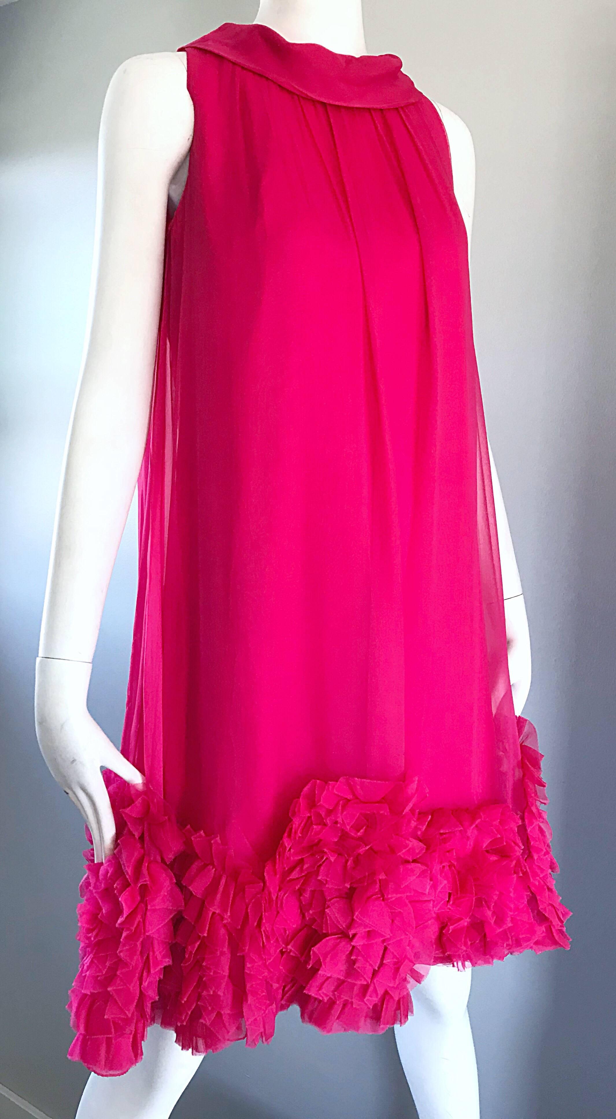 1960s Demi Couture Hot Pink Silk Chiffon Trapeze Empire Waist Babydoll Dress 2