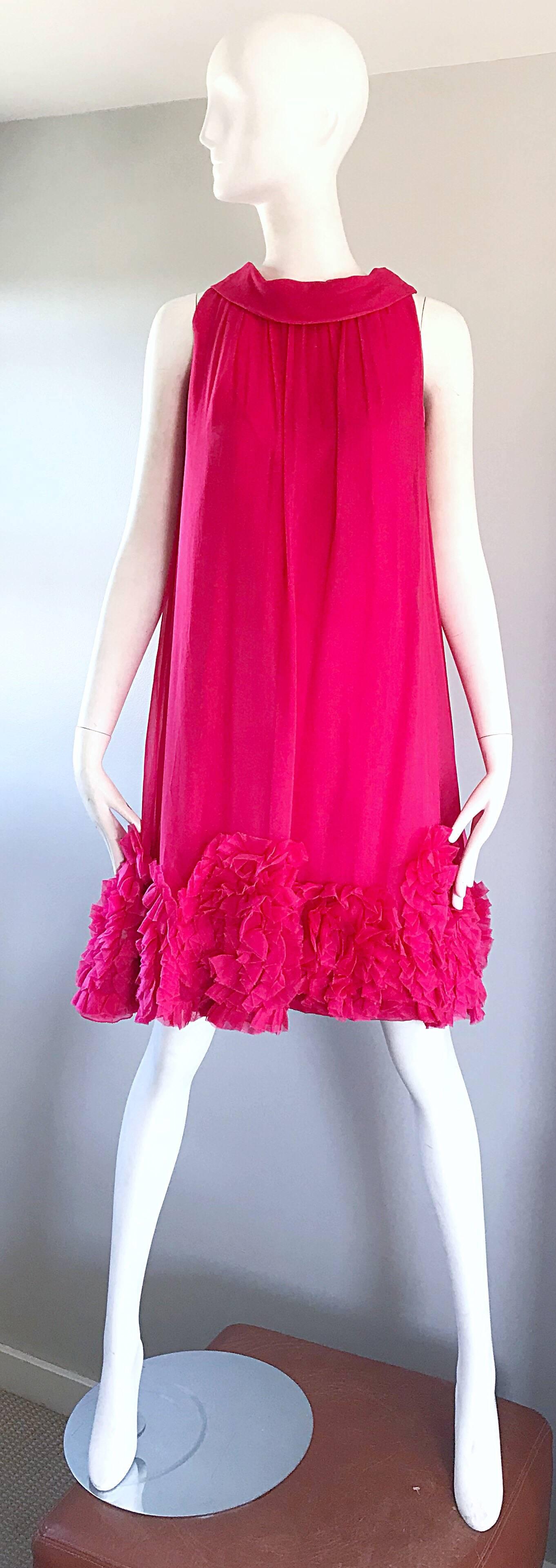 1960s Demi Couture Hot Pink Silk Chiffon Trapeze Empire Waist Babydoll Dress 4