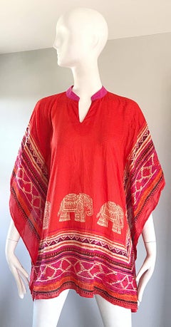 Vintage Biba 1970s Boho Elephant Print Novelty 70s Cotton Caftan Tunic Top