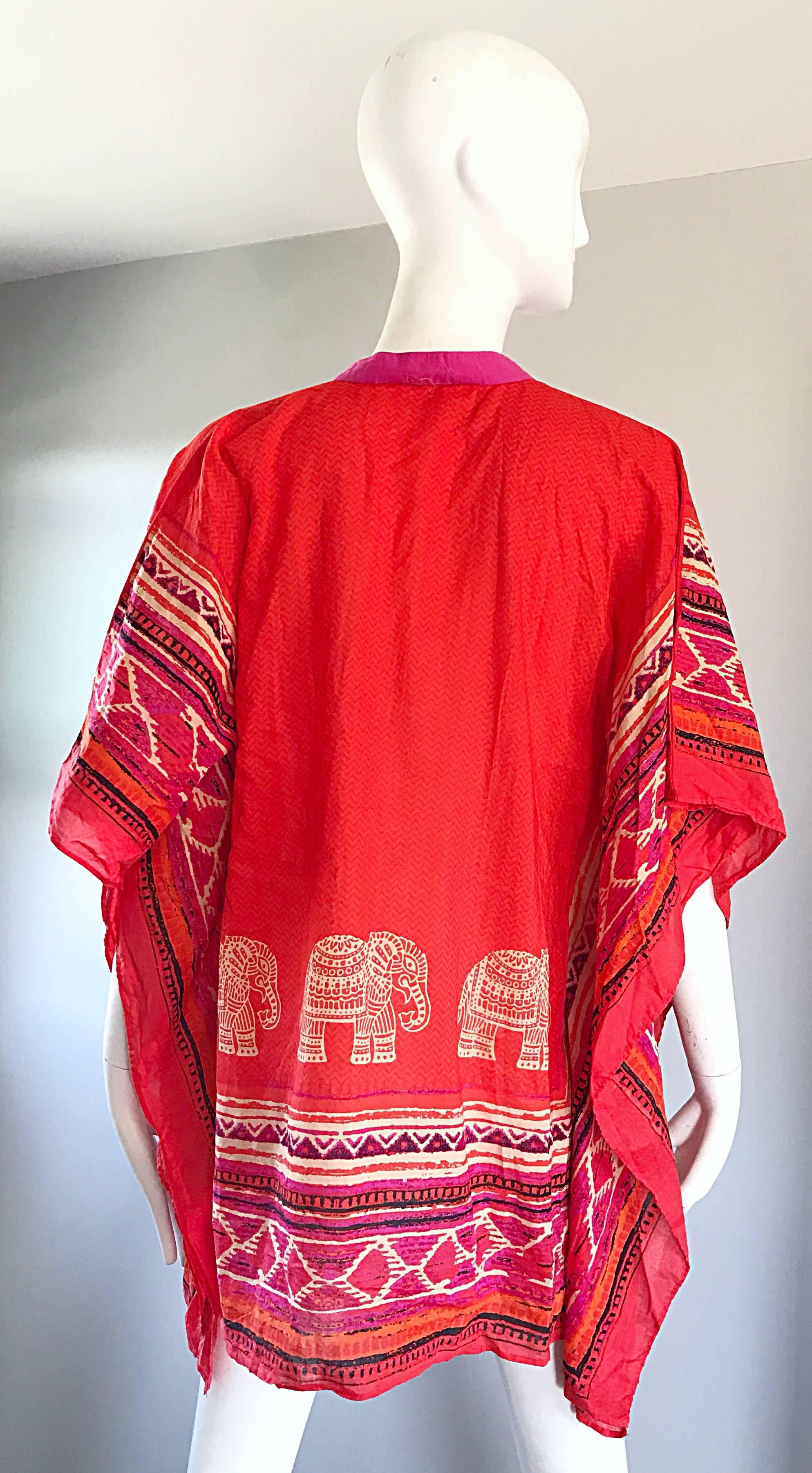 Women's Vintage Biba 1970s Boho Elephant Print Novelty 70s Cotton Caftan Tunic Top 