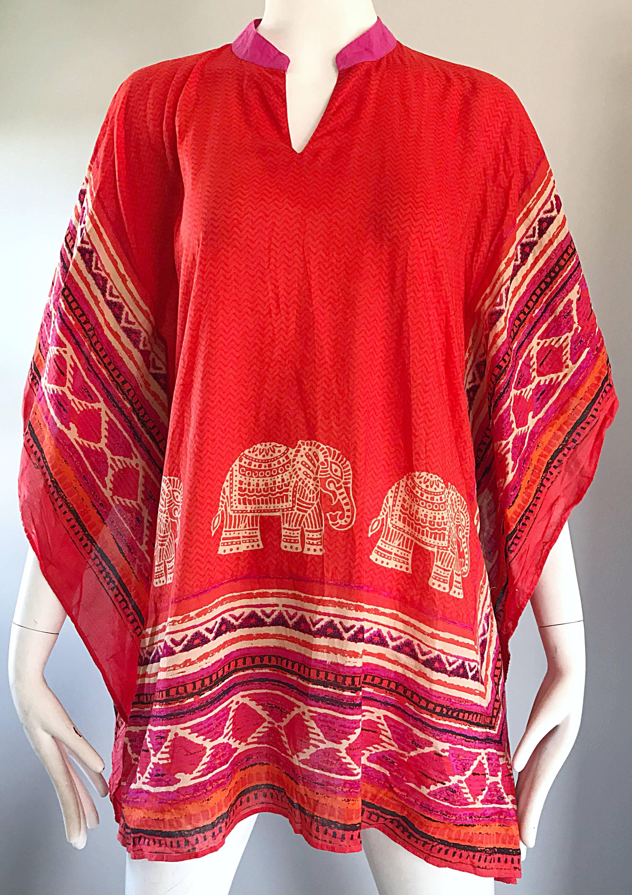 Vintage Biba 1970s Boho Elephant Print Novelty 70s Cotton Caftan Tunic Top  1