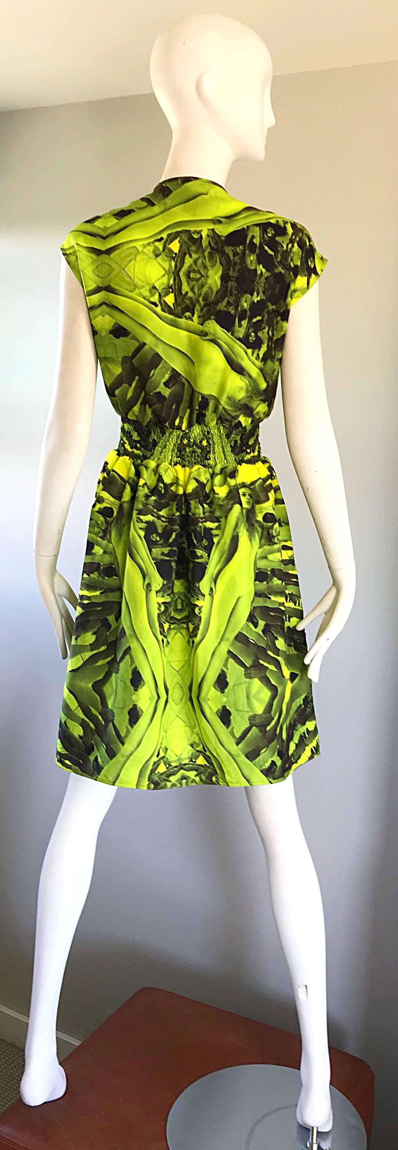 NWT Astier Neon Yellow + Gray + Black Novelty Print Naked Women Silk Dress  In New Condition For Sale In San Diego, CA