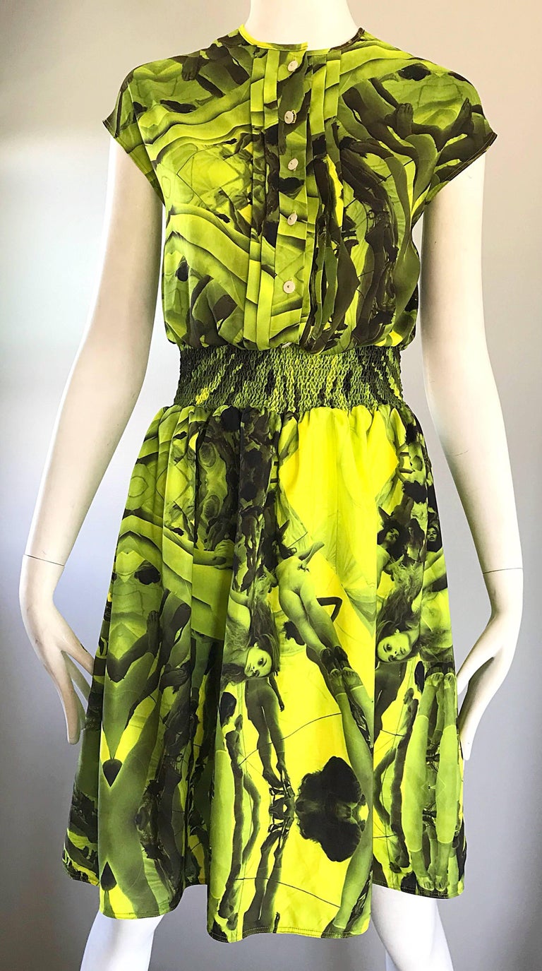 NWT Astier Neon Yellow + Gray + Black Novelty Print Naked Women Silk