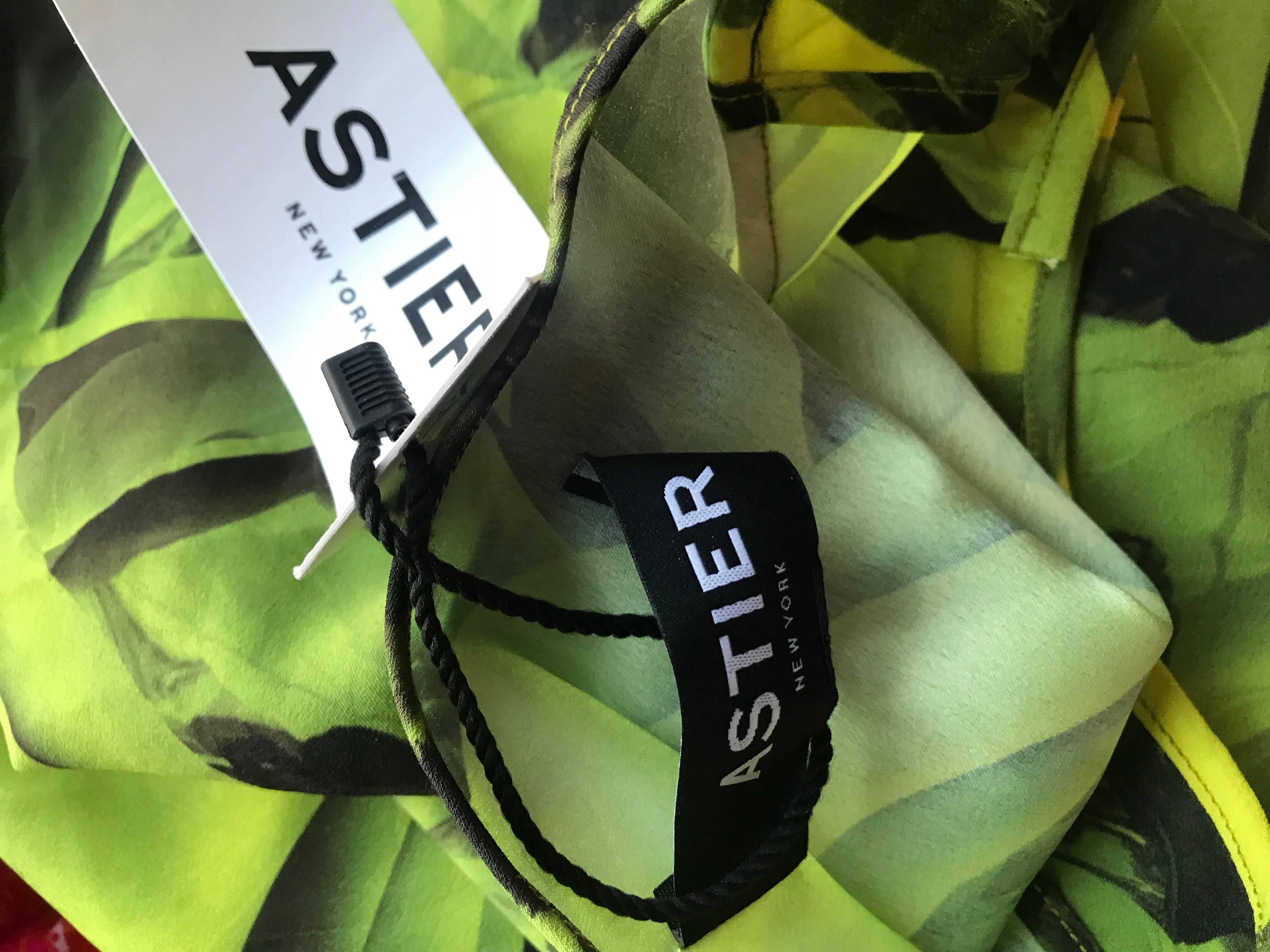 NWT Astier Neon Yellow + Gray + Black Novelty Print Naked Women Silk Dress  For Sale 3