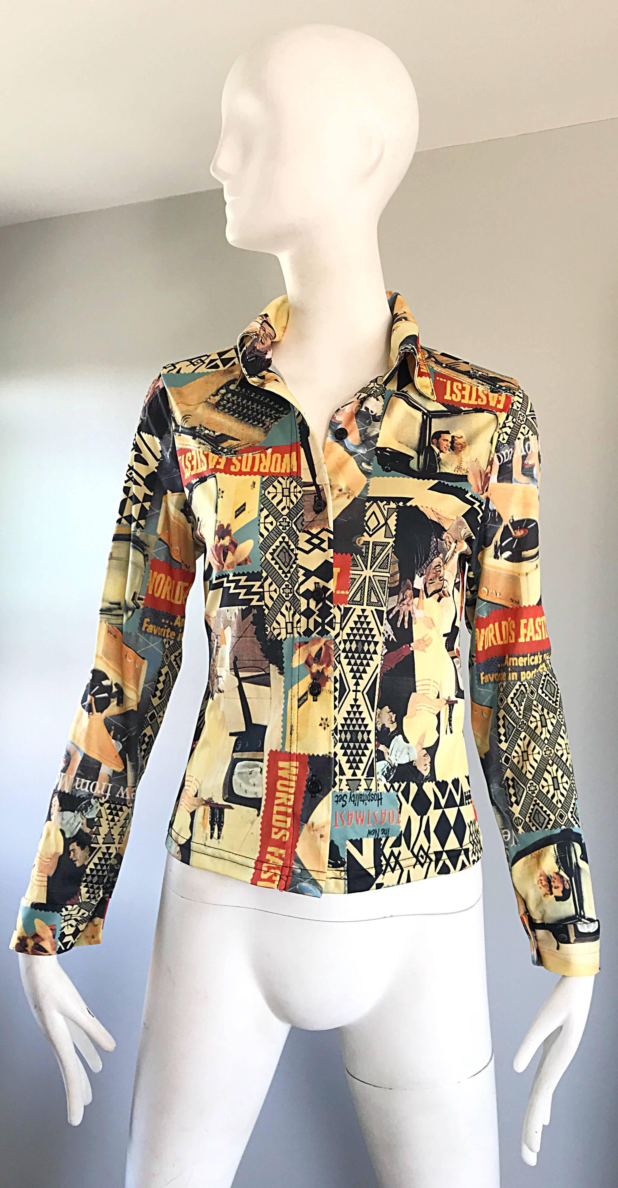 Amazing vintage 70s novelty long sleeve fitted shirt! Features awesome 50s themed prints throughout. Images include diners, waitresses, typewriters, beers, etc. throughout. BUttons up the front. Slim tailored fit that has some stretch. Great with