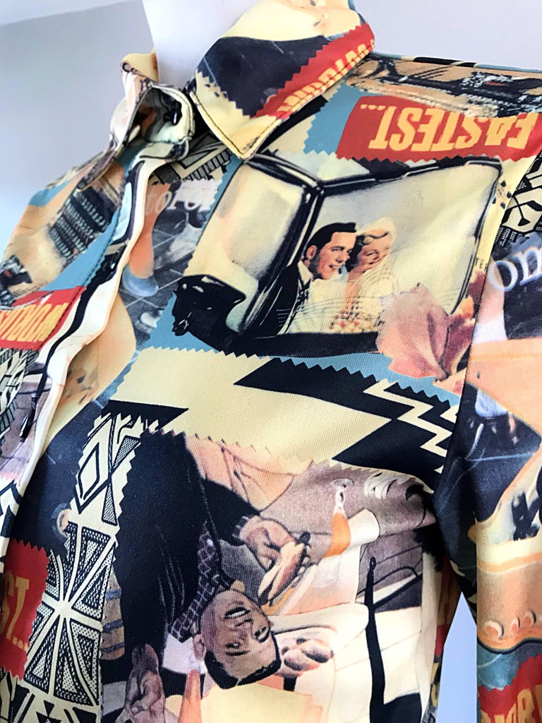 Amazing 1970s Novelty Print 50s Themed Long Sleeve Button Down Fitted