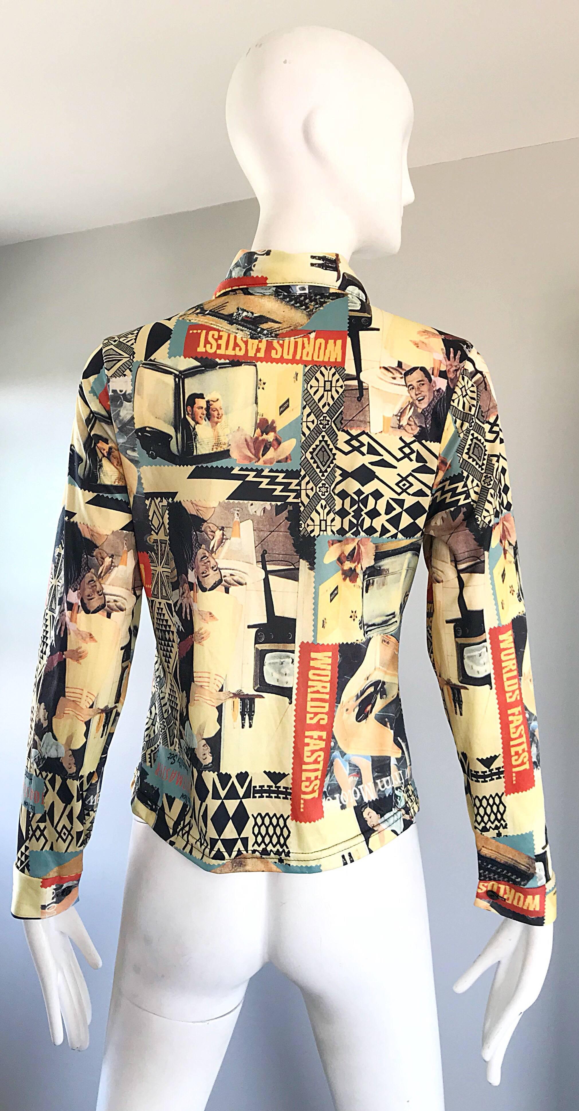 Langarm-Bluse mit Knopfleiste und Neuheitsdruck aus den 1970er Jahren mit 50er Jahren im Zustand „Hervorragend“ im Angebot in San Diego, CA