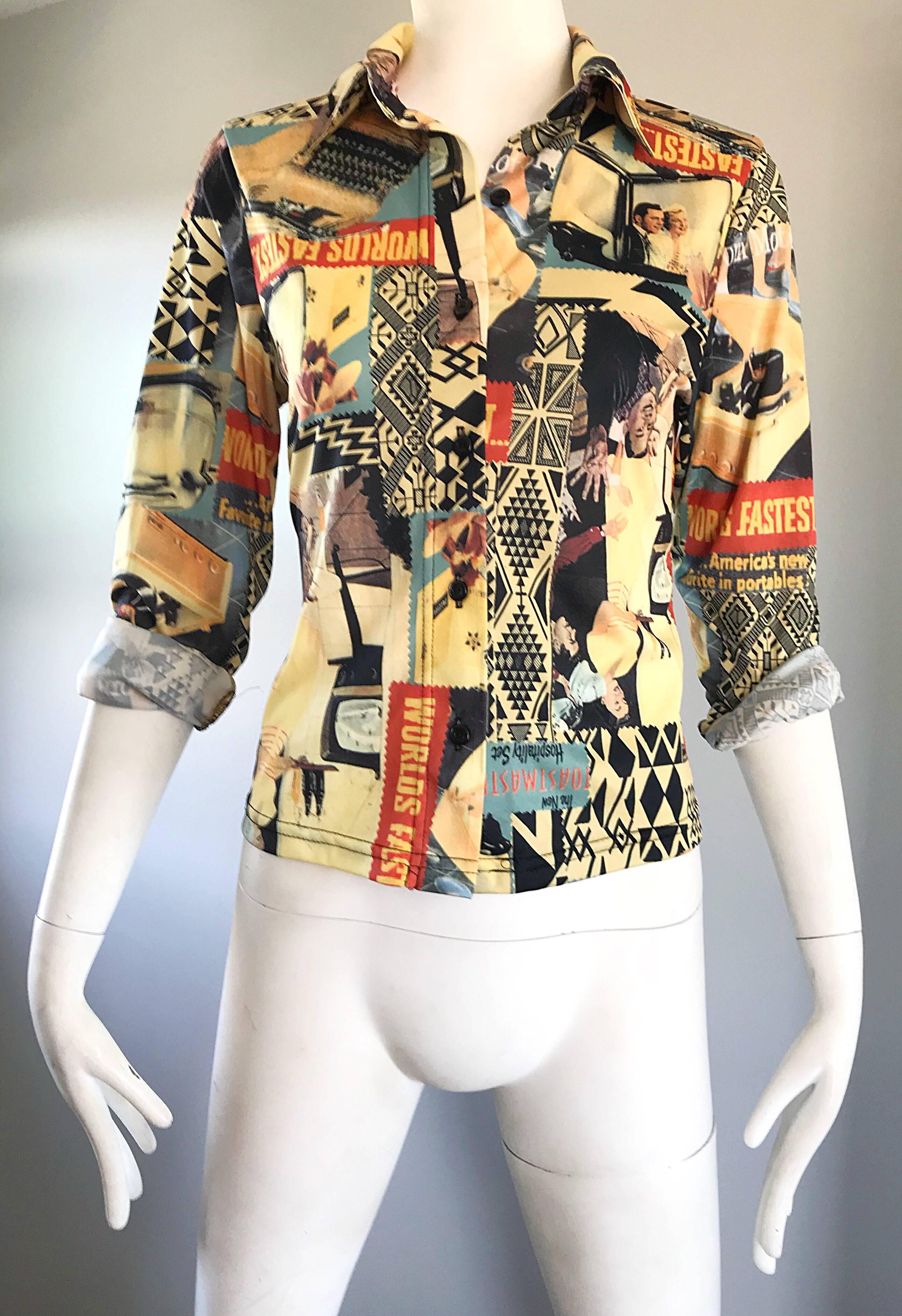 Women's Amazing 1970s Novelty Print 50s Themed Long Sleeve Button Down Fitted Blouse For Sale