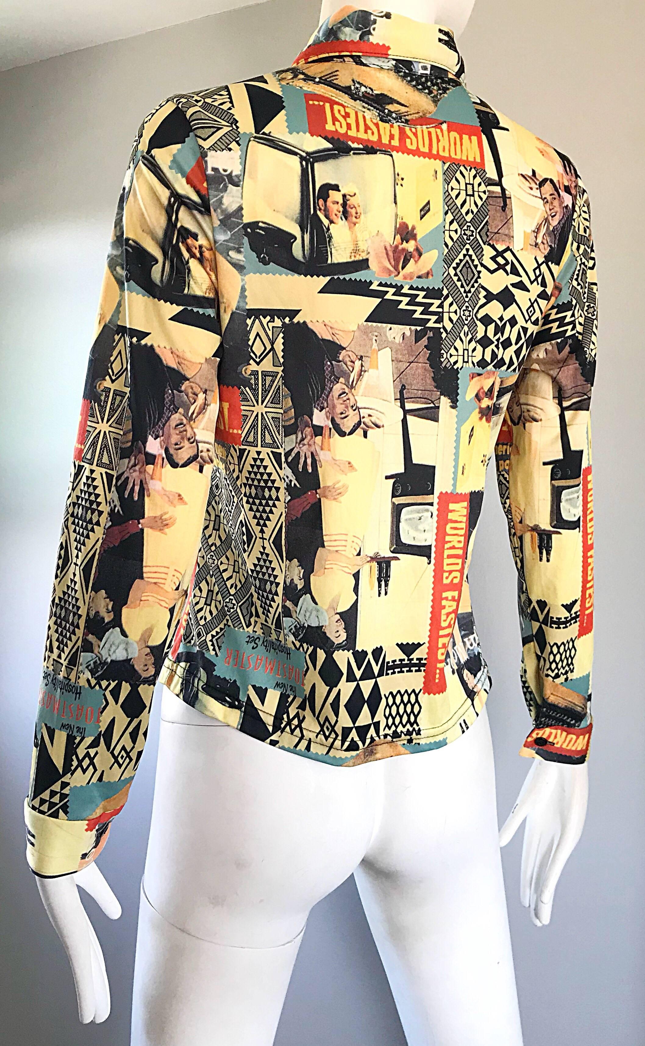 Amazing 1970s Novelty Print 50s Themed Long Sleeve Button Down Fitted Blouse For Sale 1
