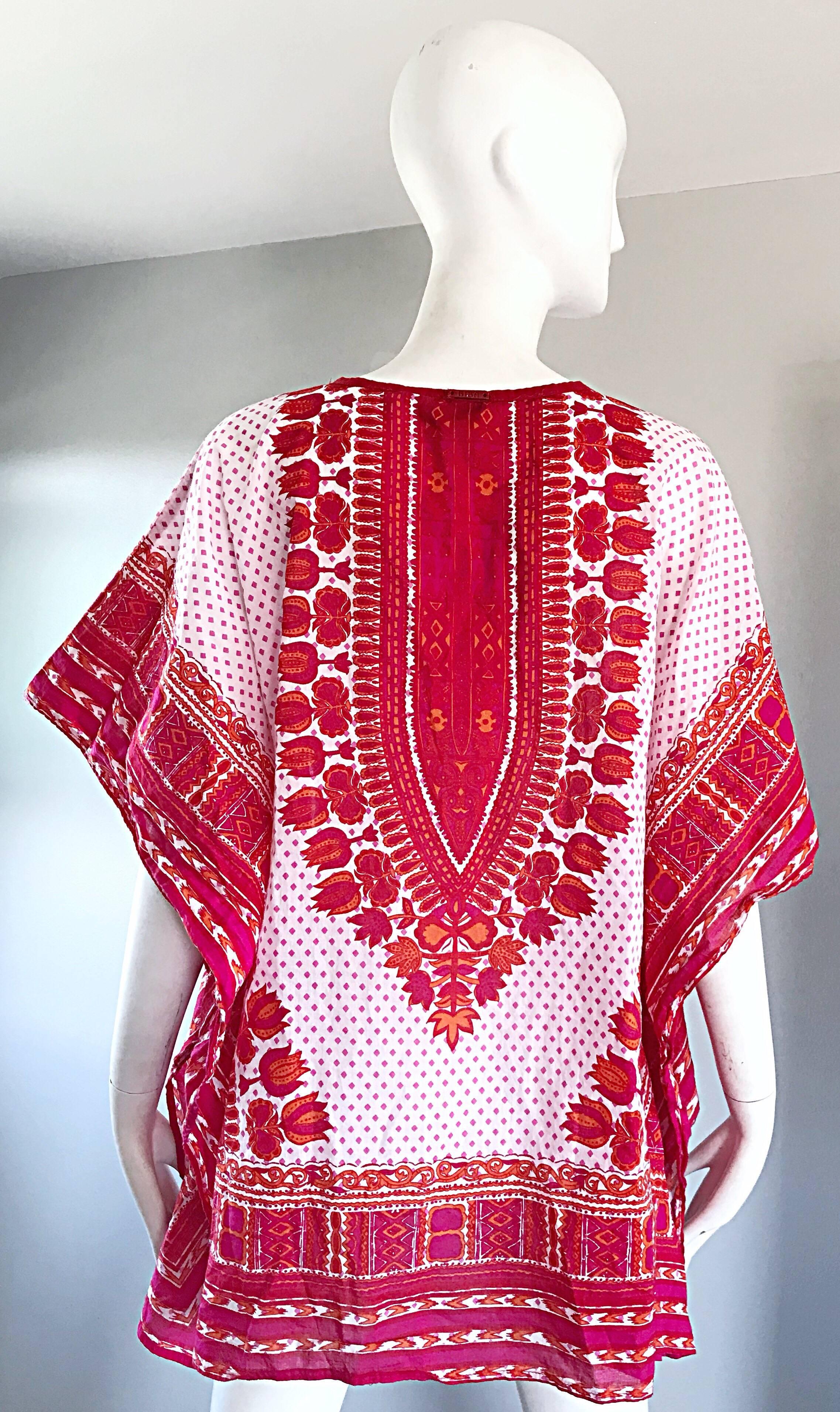 1970s Biba Hot Pink + Orange + Red Boho Ethnic Cotton Caftan Vintage Tunic Top In Excellent Condition In San Diego, CA